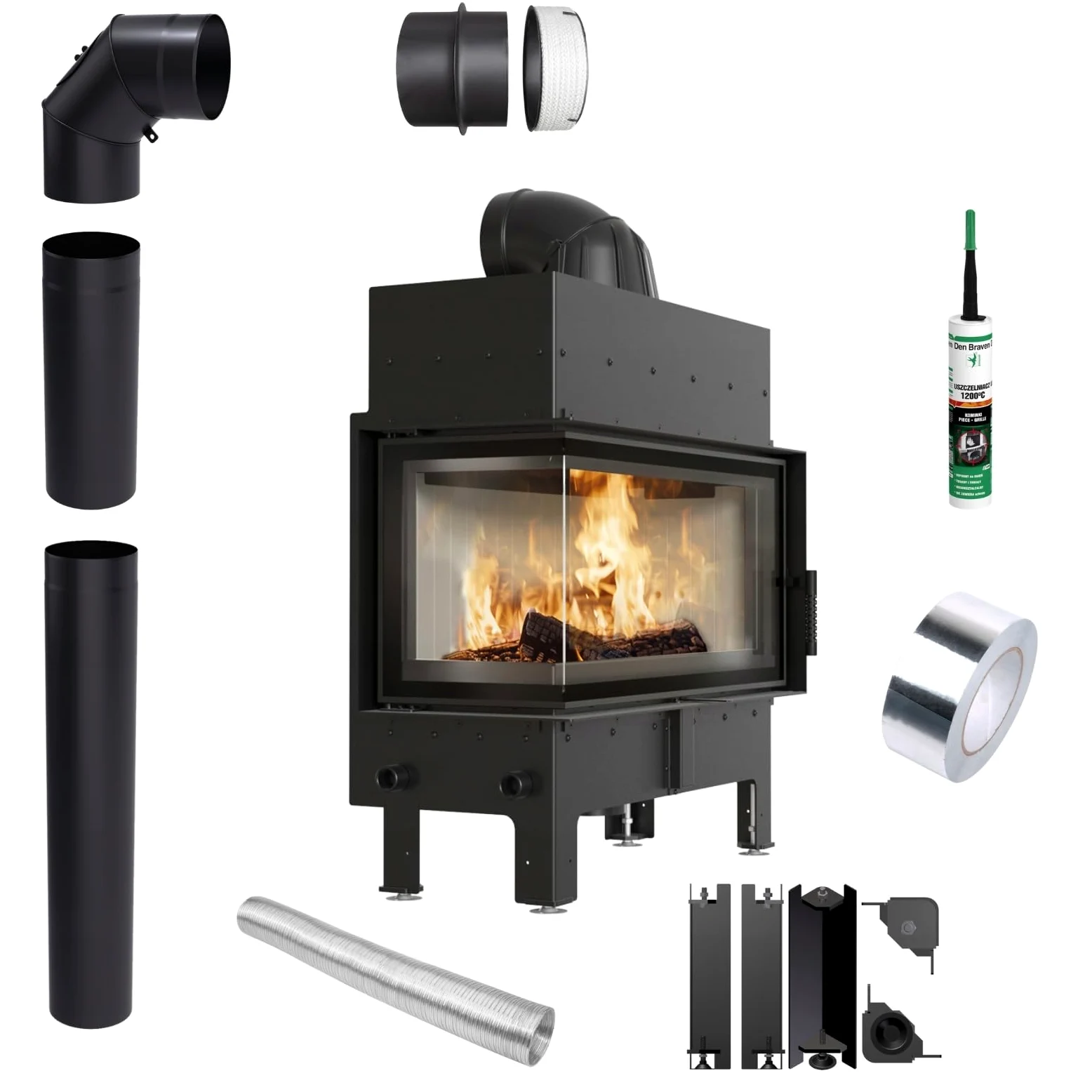 KRATKI Inserto per camino in acciaio a legna FLOKI 12 kW Ø200 sinistro A+ | Acciaio nero, efficienza 85,4%, classe A+. Ecodesign, BImSchV 2; per recupero calore.; combustione efficiente; Livello 2 Set