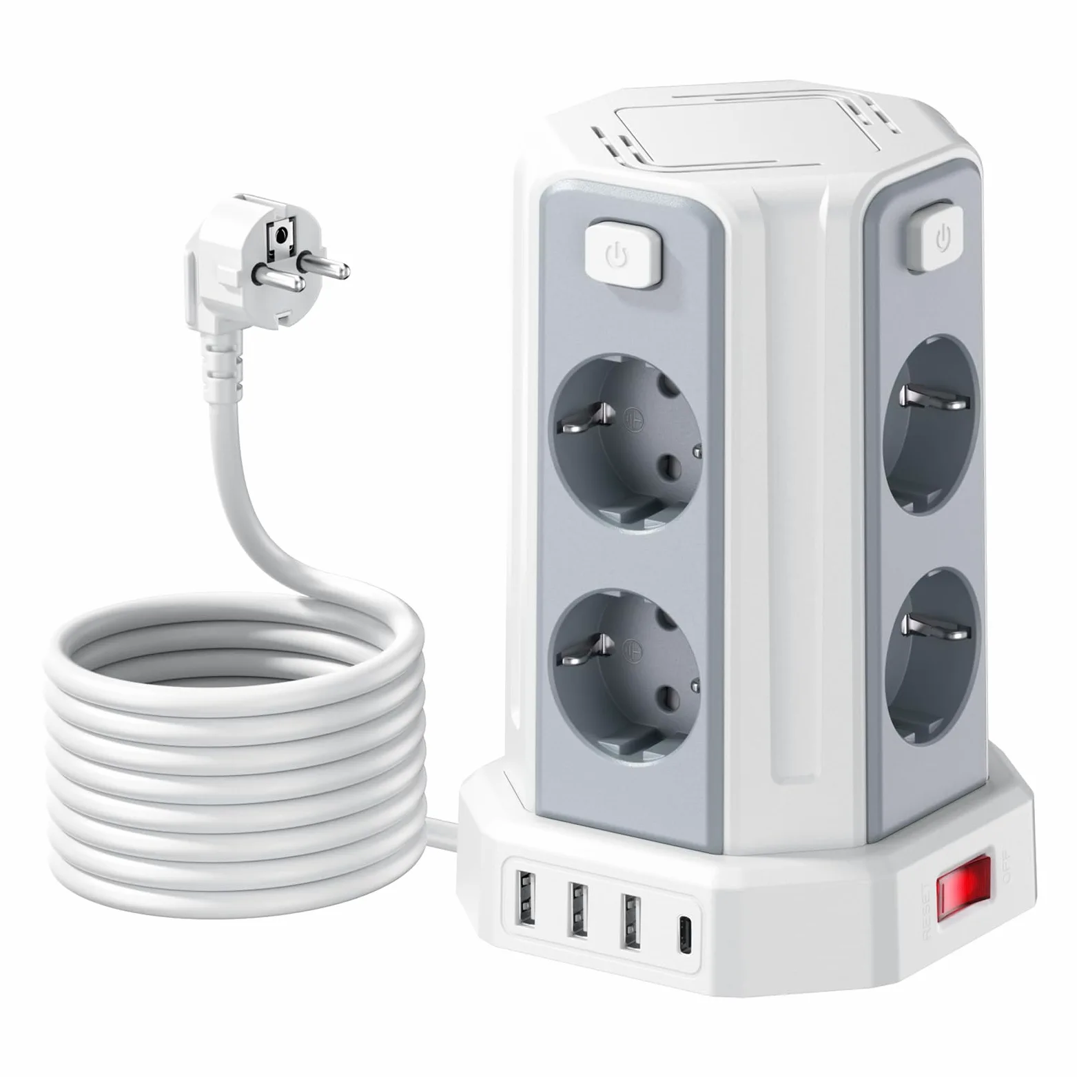 5 Metri Sameriver Ciabatta Elettrica Multipresa, con 8 Prese e 3 USB A+1 USB C(2500W/10A), protezione Sovratensione con interruttori indipendenti,Bianco F (Schuko) | 8 Prese, 3 USB A + 1 USB C, 2500W/10A, Protezione Sovratensione, Interruttori Indipendent
