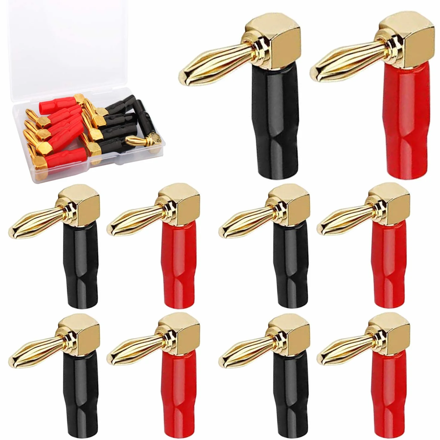 RUNCCI-YUN 10Pcs 90 gradi Banana spine,connettori a banana a forma di L, 24 K placcato oro 4 mm connettore altoparlante per cavo altoparlante, ricevitori audio/video, amplificatori (rosso e nero)