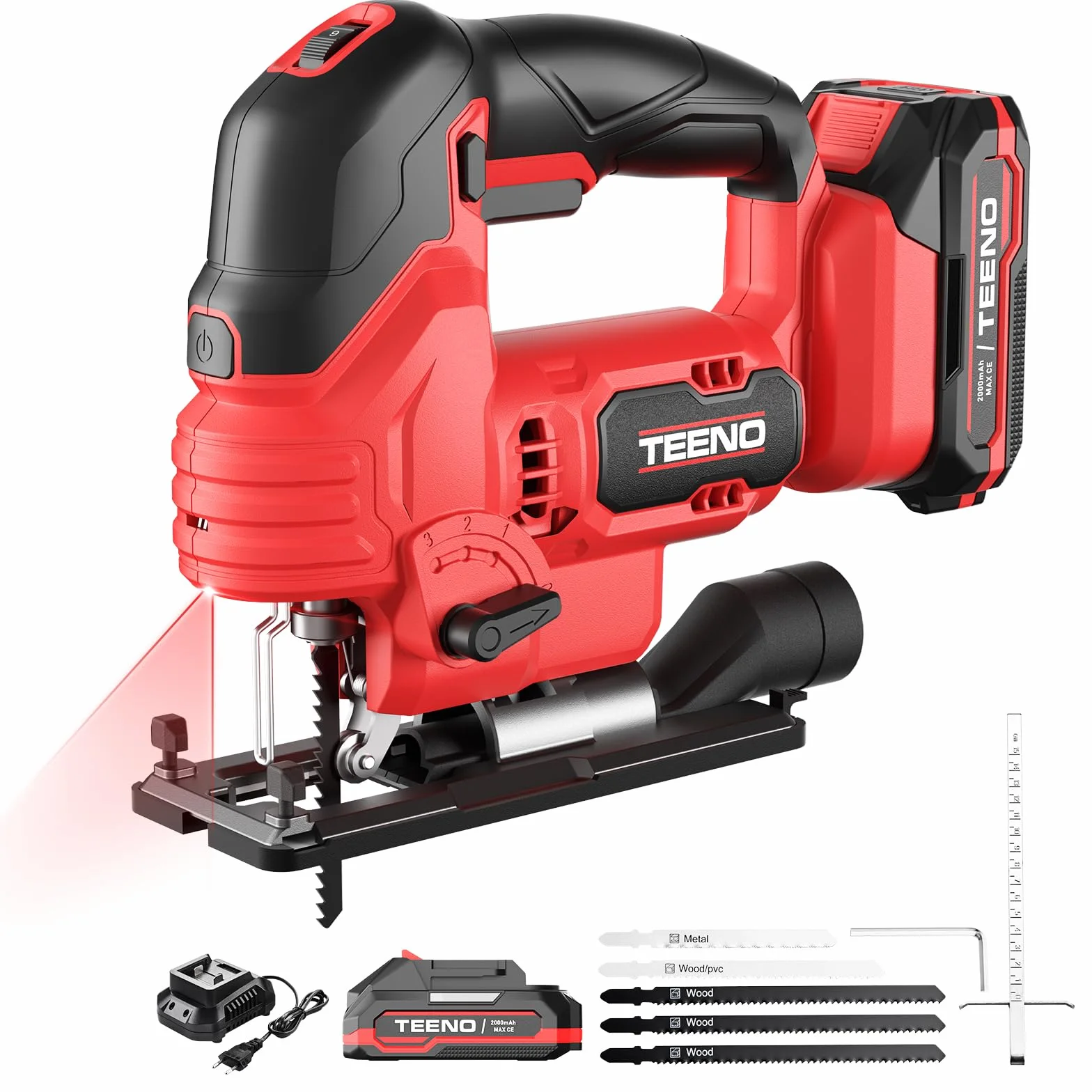 TEENO Seghetto Alternativo Senza Fili Per Batteria Makita 20V, Seghetto Alternativo laser 800-3000 SPM, 6 VELOCITÀ, LED, Angolo ±45°, 5 lame per Legno, Plastica, Metallo (Due Batterie, 2.0 AH)