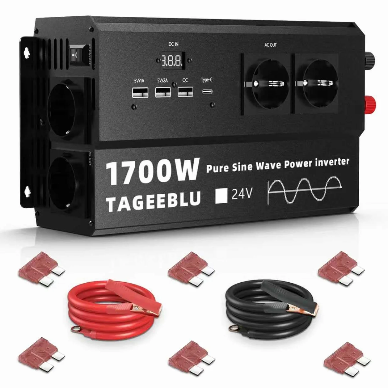 1700W inverter 24v 220v Onda Pura con Display LCD, 4 EU Presa, 4 ports USB et Tipo C 30W