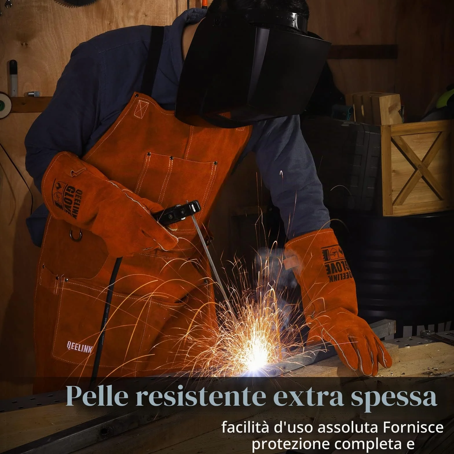 QeeLink Grembiule Saldatore in Pelle Resistente al Calore, Grembiule per Falegname con 6 Tasche, Grembiuli da Lavoro per Uomo Regolabile da M a XXXL per Fabbro, Carpentiere