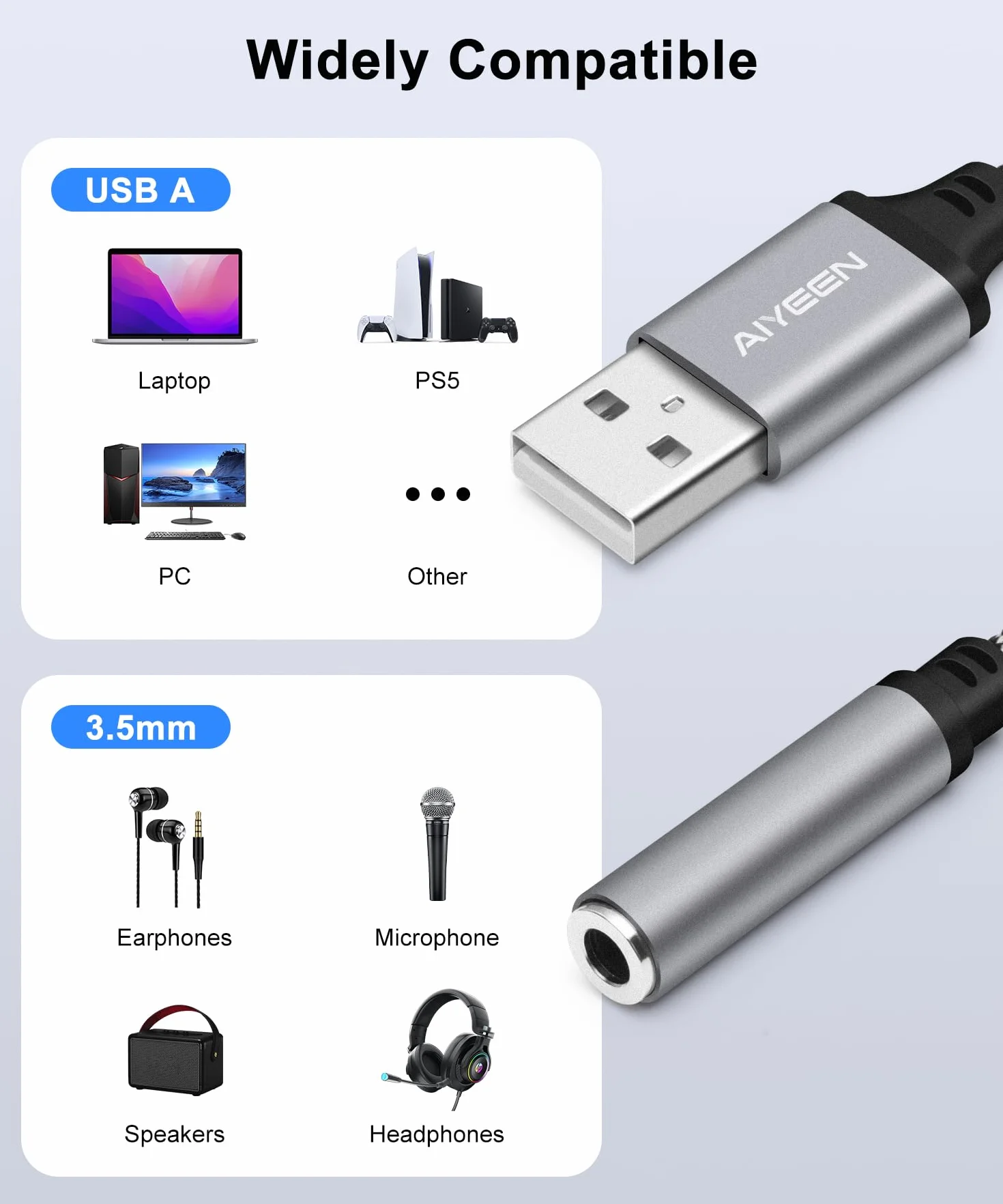 Cavo adattatore audio da USB a femmina da 3,5 mm, convertitore stereo da USB maschio a jack AUX intrecciato in nylon da 15 cm con chip ad alta risoluzione, per cuffie, AUX per auto (grigio)