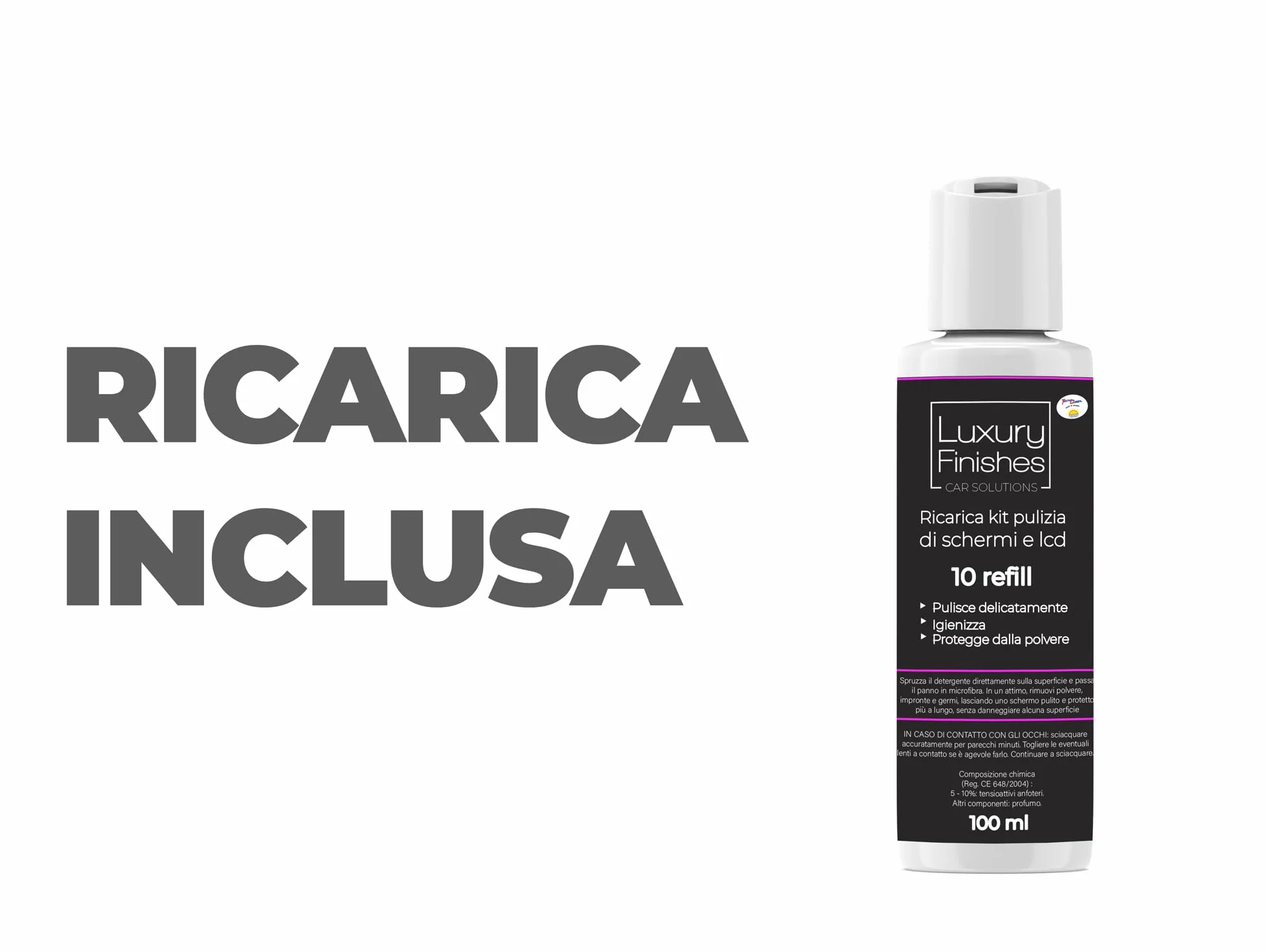Luxury Finishes - Spray Pulitore Schermo, Auto, Smartphone, LCD, Touch screen, TV, Laptop, Monitor, pc, altri dispositivi elettronici, Igienizza e protegge dalla polvere - con ricarica 100 ml inclusa
