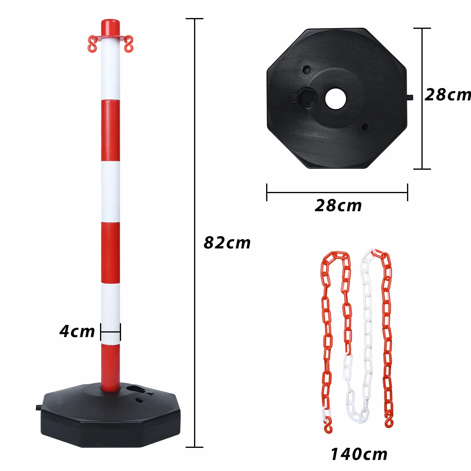 YRHome Confezione da 6 montanti barriera 82x28x28 cm montanti a catena in plastica con 6 catene barriera da 140 cm e base riempibile con acqua e sabbia bianco/rosso