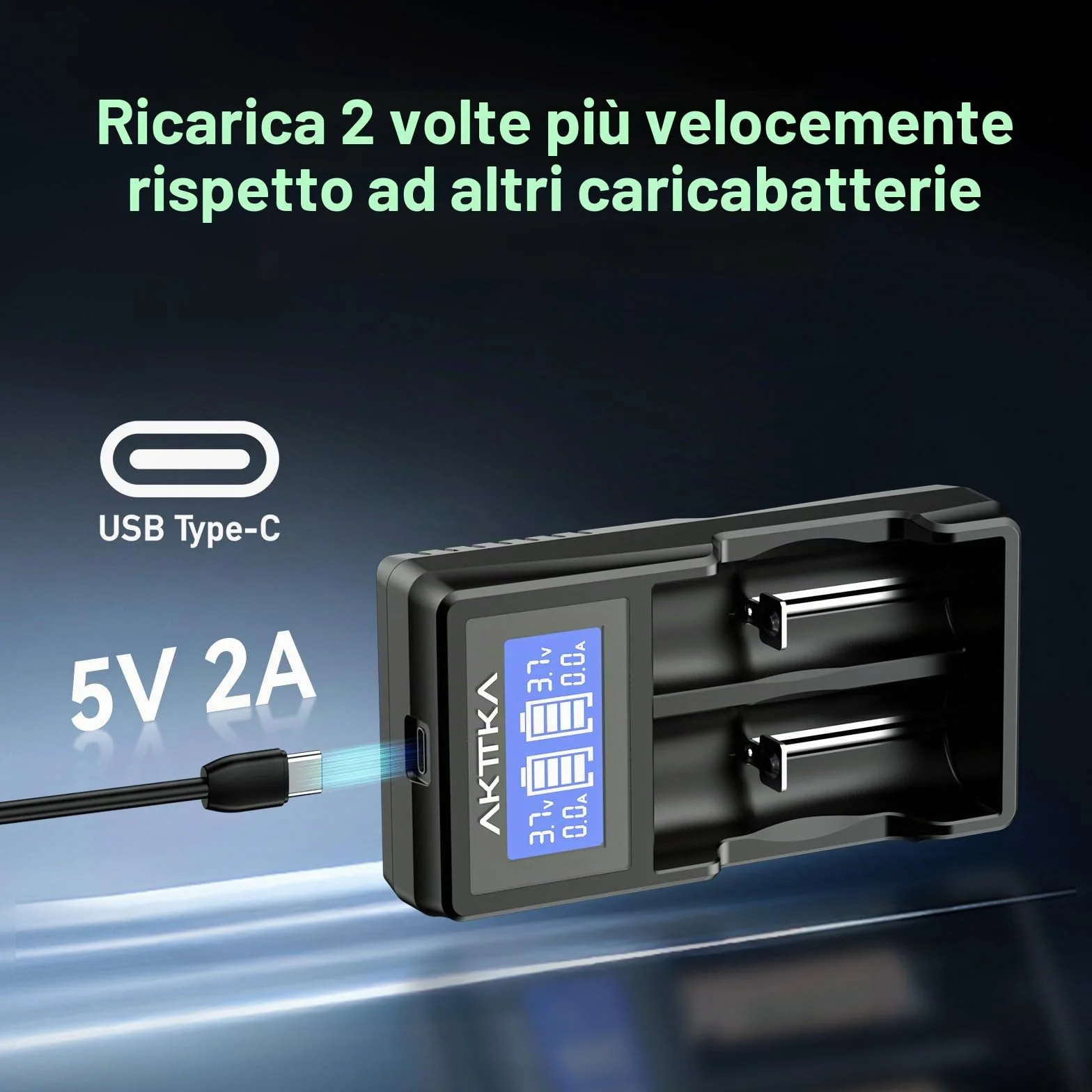 Caricabatterie Intelligente con Schermo LCD e Ricarica Rapida 5V/2A, Compatibile con Batterie Li-Ion 18650/21700/20700/26650 e Ni-MH/Ni-Cd AA/AAA/C, con Porta Type-C