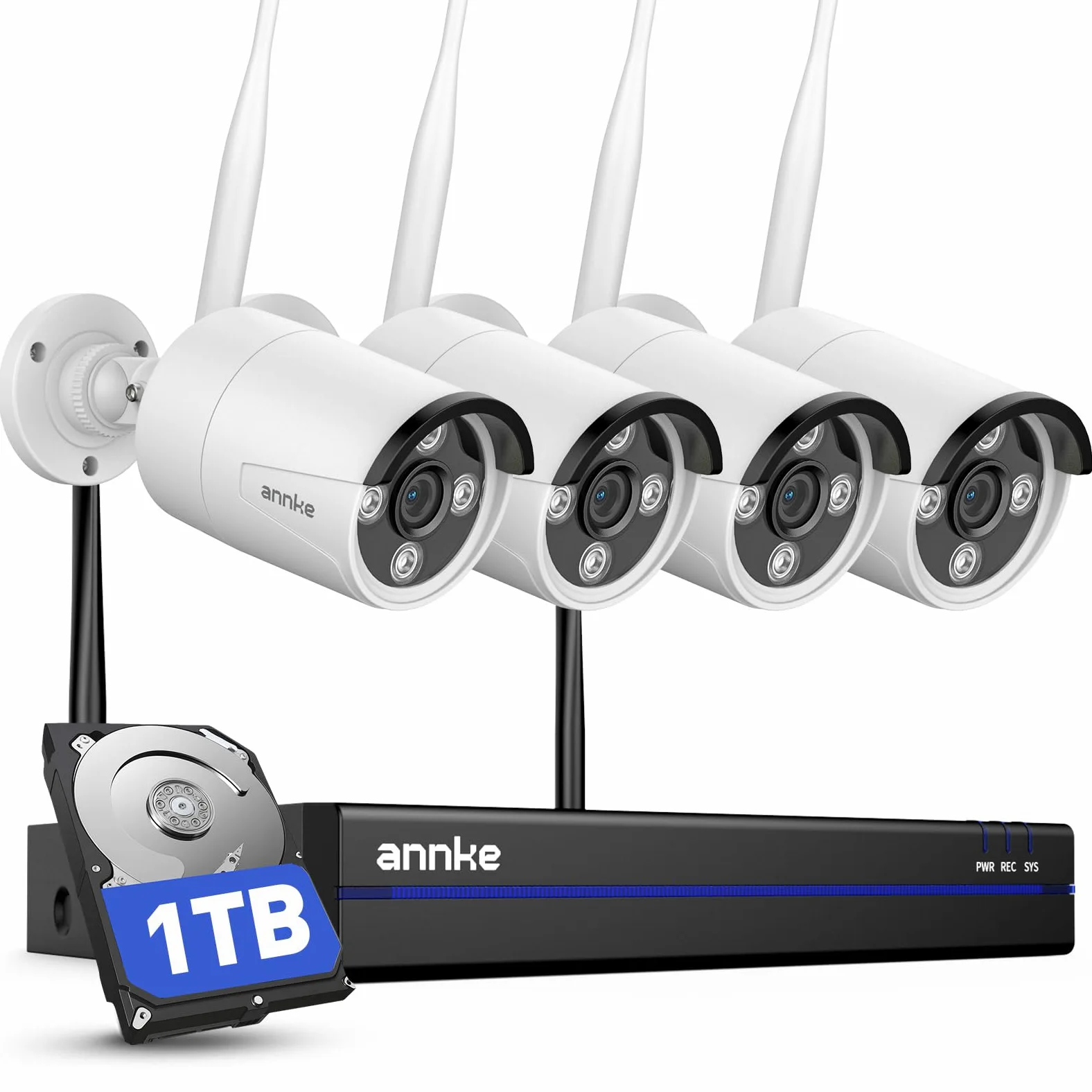 ANNKE Set di telecamere di sorveglianza Wi-Fi 4K per esterni, 4 telecamere WiFi da 8 MP, NVR 16 CH 4K con HDD da 1 TB, materiale interamente in metallo, Wi-Fi 5 GHz/2,4 GHz, visione notturna a colori