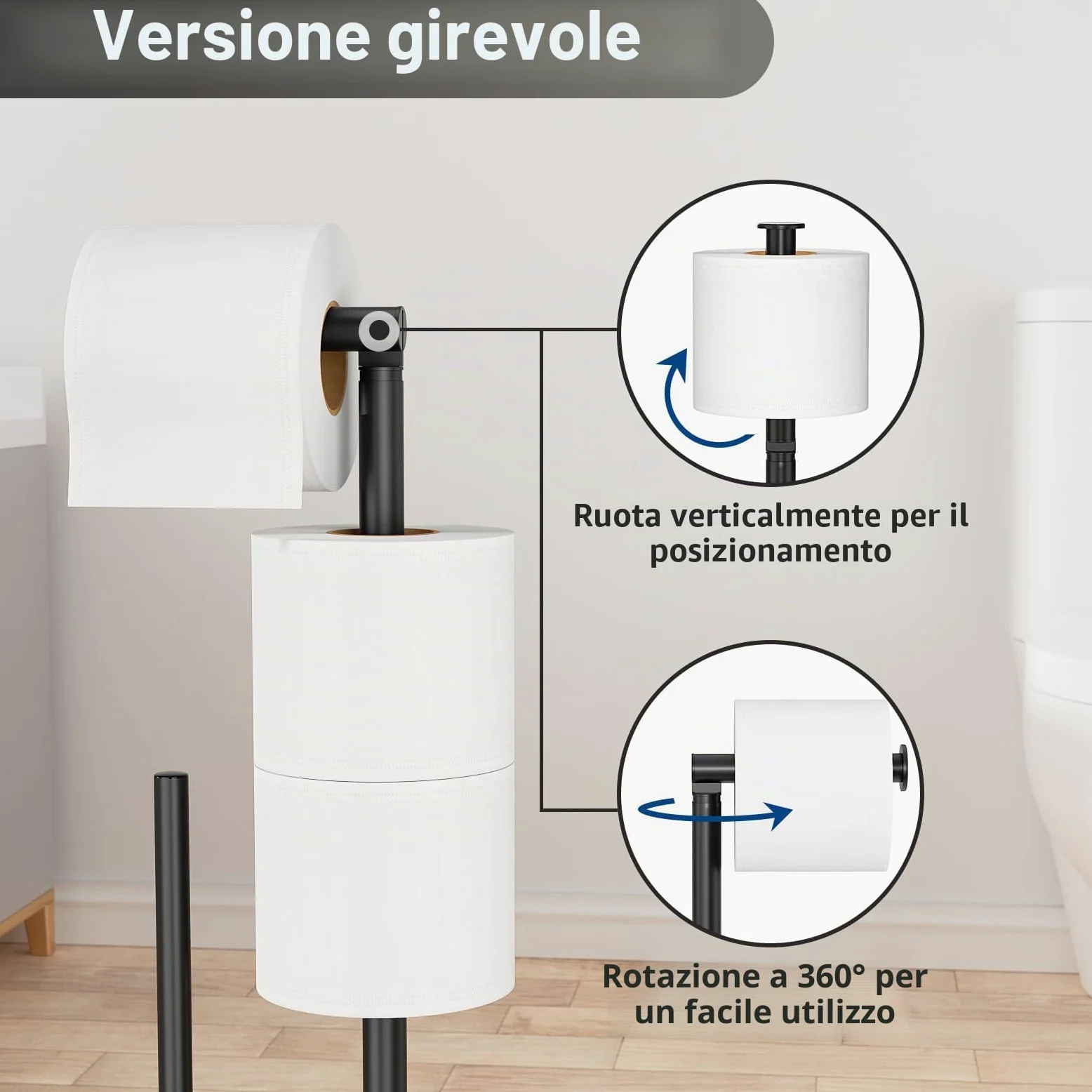 Porta carta igienica in acciaio inox per wc, con scopino - Carta igienica in piedi, porta rotolo nero opaco