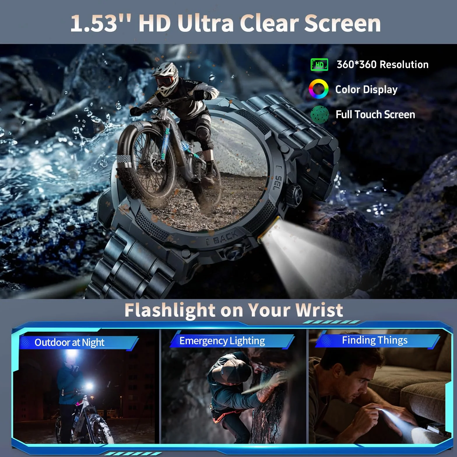 Smartwatch Uomo Militare, Orologio Smartwatch 1.43" con Chiamate Bluetooth, 100+ Modalità Sportive, Batteria 1000 mAh, Monitoraggio Sonno e Cardiofrequenzimetro, Torcia e Bussola per IOS/Android