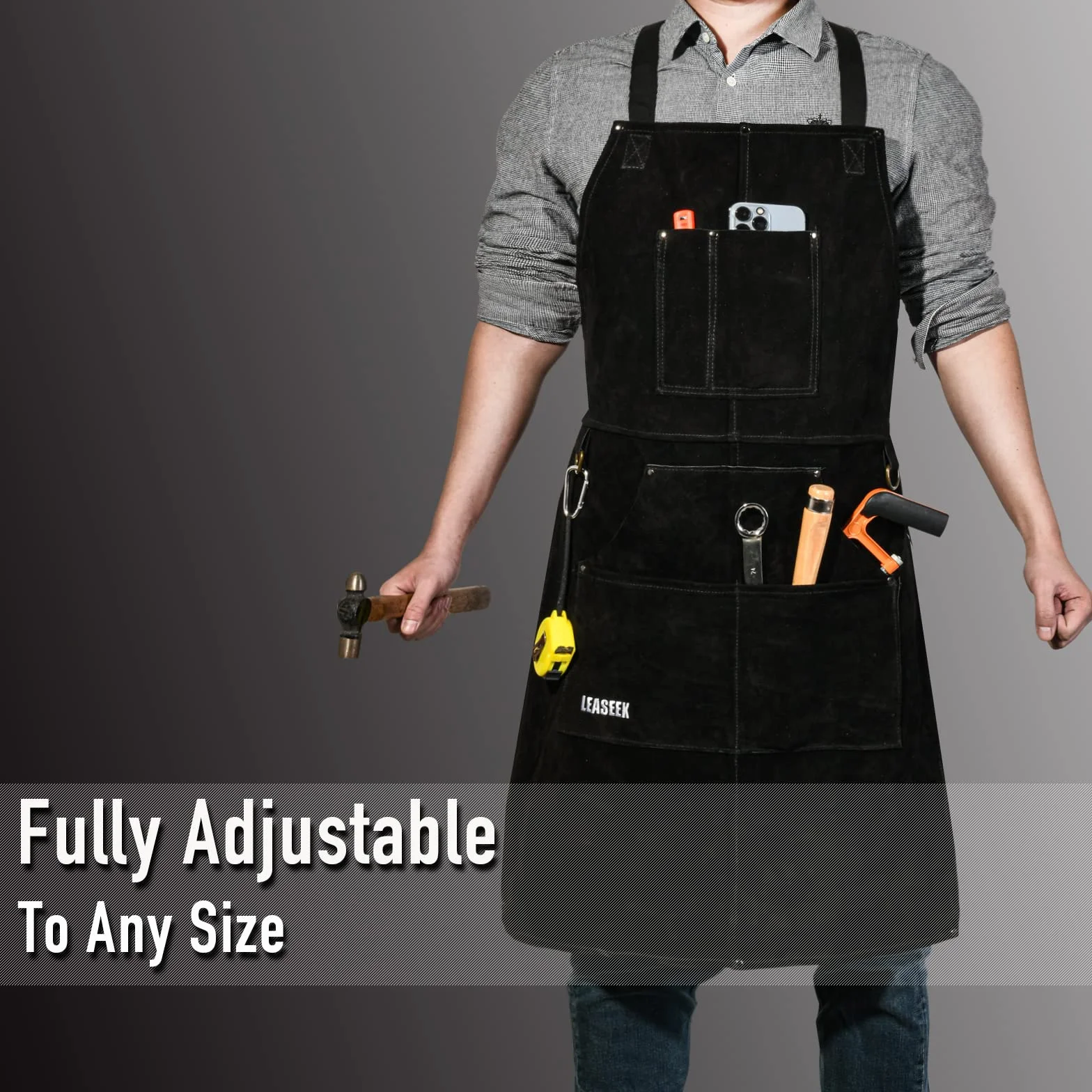 Leaseek Grembiule Saldatore Professionale in Pelle,Grembiule da Lavoro di Cuoio Molto Resistente per Fabbro o Falegname,resistente al calore e ignifugo, con 6 tasche