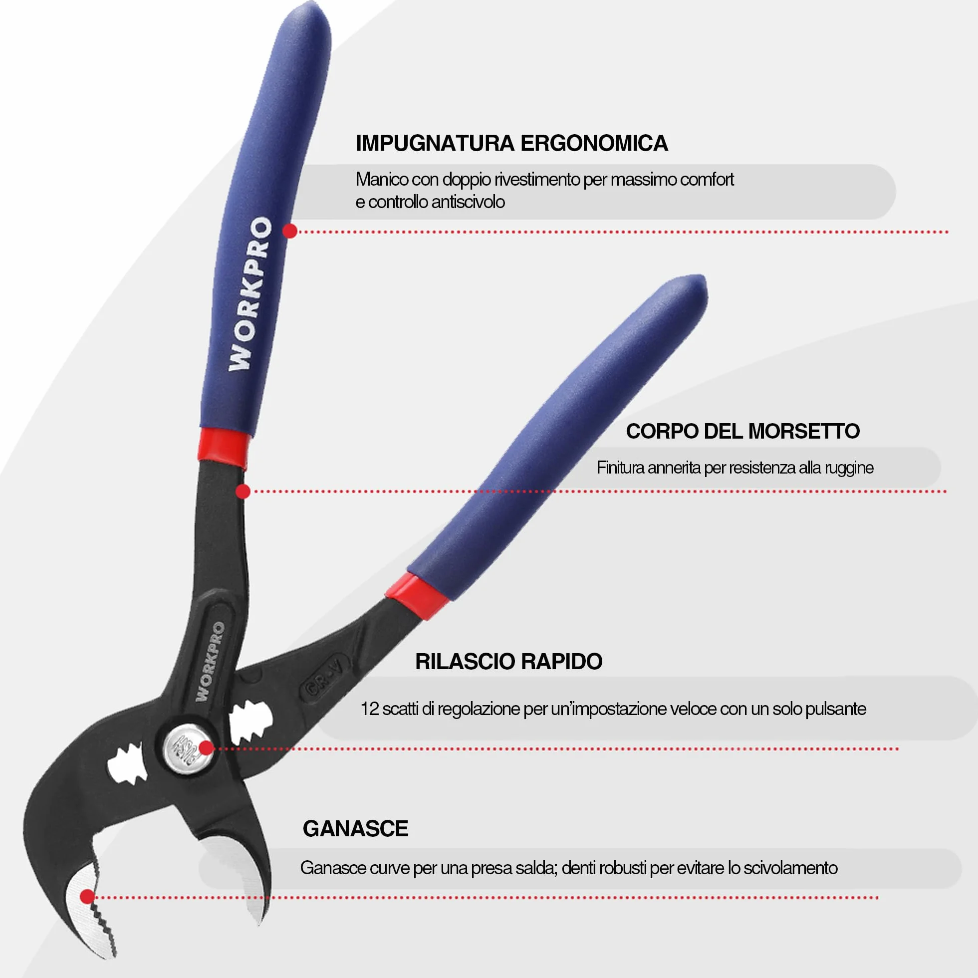 Workpro Set di 2 Pinze Idrauliche 180 mm 250 mm Regolazione Rapida Giunto Scorrevole