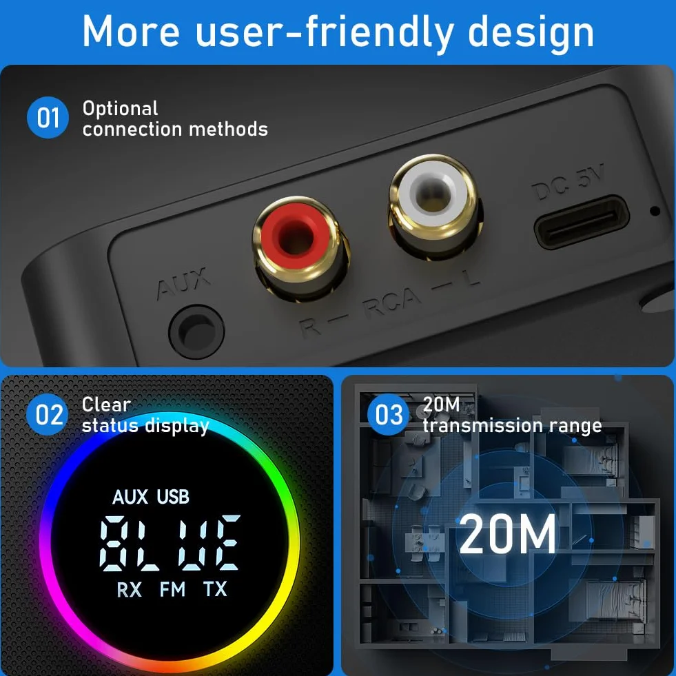 AXFEE Ricevitore Bluetooth 5.4 HiFi, 3.5mm RCA jack Audio, Adattatore Audio, Impianto Stereo, Casse, Bassa Latenza Wireless, per Tablet/Smartphone/PC/laptop/Cuffie/TV
