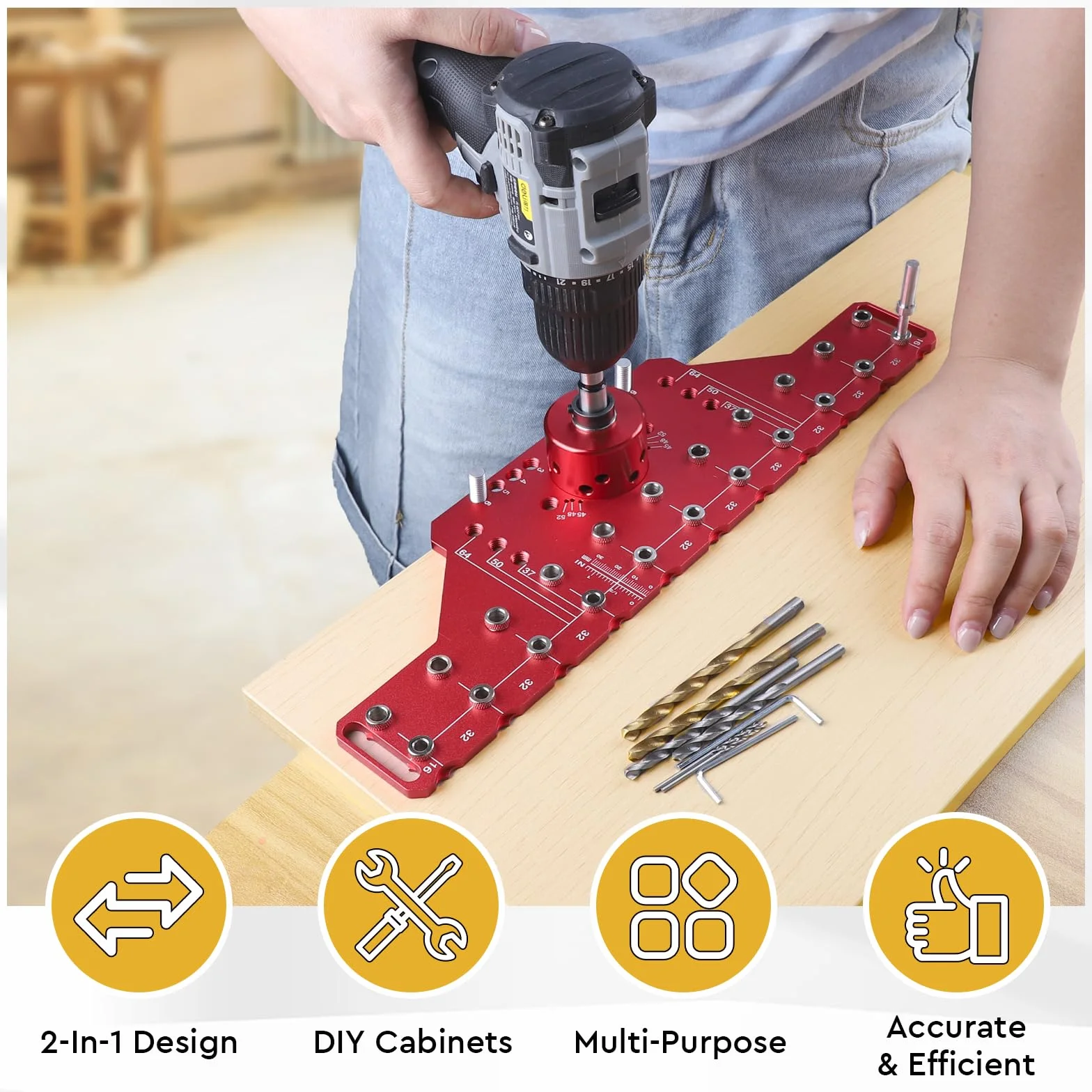 Guida di perforazione allineata 2-in-1 per spinotti e cerniere 35 mm in alluminio con punte 5mm e 1/4 pollice