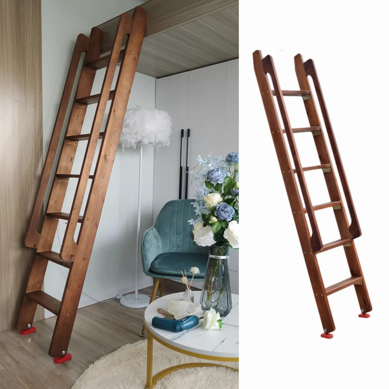 Scala Retrattile in Legno Marrone per soffitta - Scala di Emergenza Interna per Garage, soppalco, Cantina e Finestra di Uscita. Scala per Letto Facile da Usare con corrimano (Dimensioni)