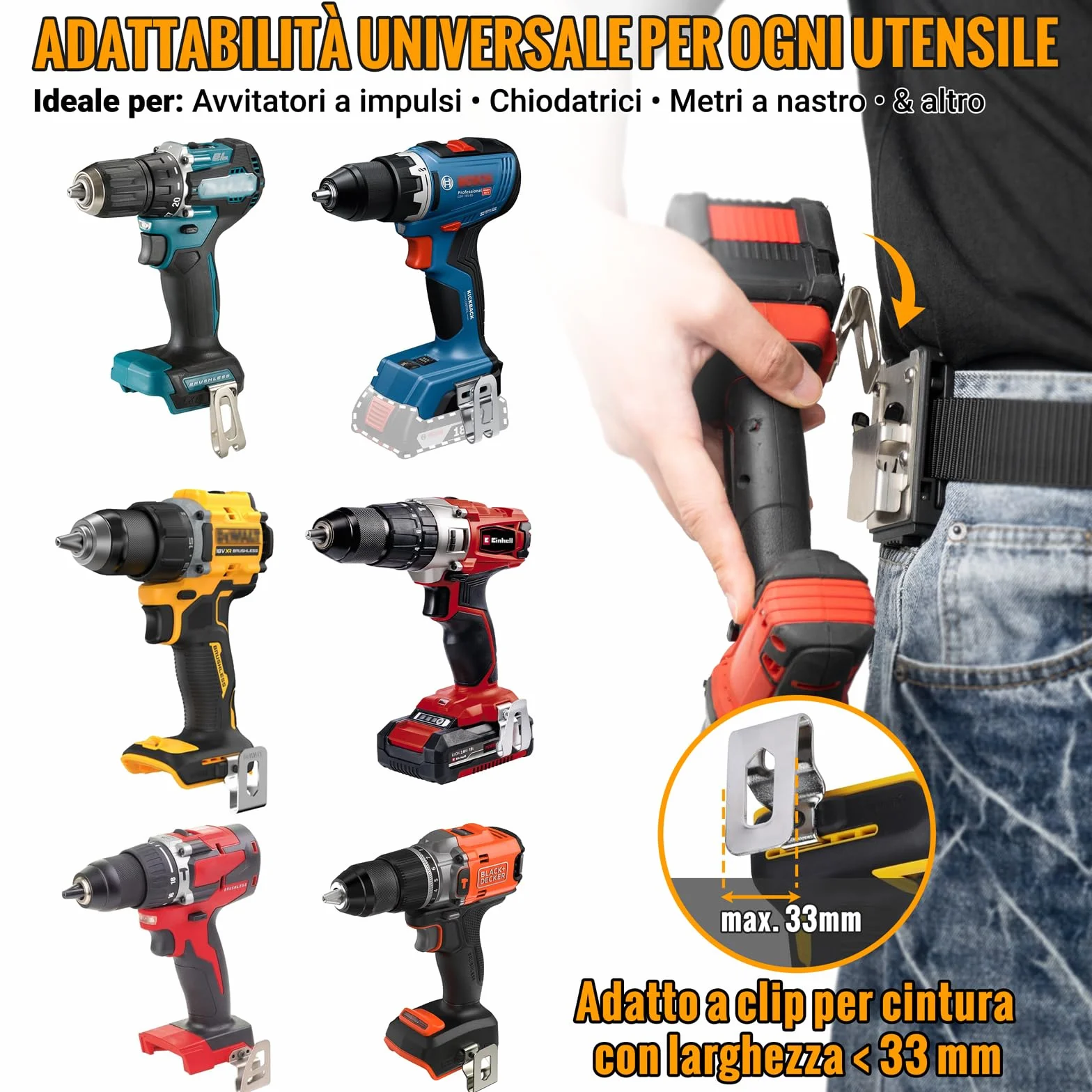 Porta Attrezzi da Cintura in Acciaio Inossidabile 304, Supporto Clip-on per Trapani Senza Fili e Avvitatori