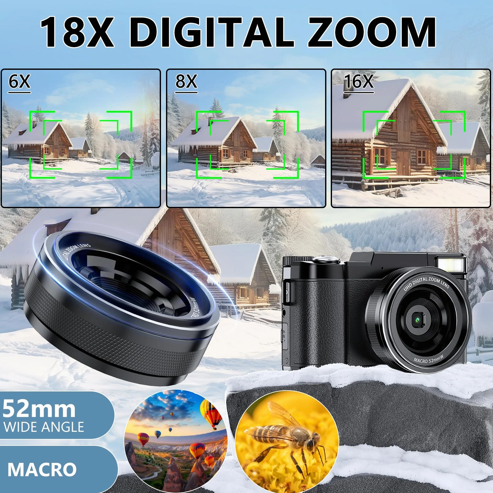 Macchina Fotografica 5K 64MP Zoom Digitale 18X Autofocus Fotocamera Digitale, Schermo IPS 3" Rotante a 180°, Fotocamera per Vlogging con Scheda di Memoria da 32GB,per Principianti (Nero chiaro)