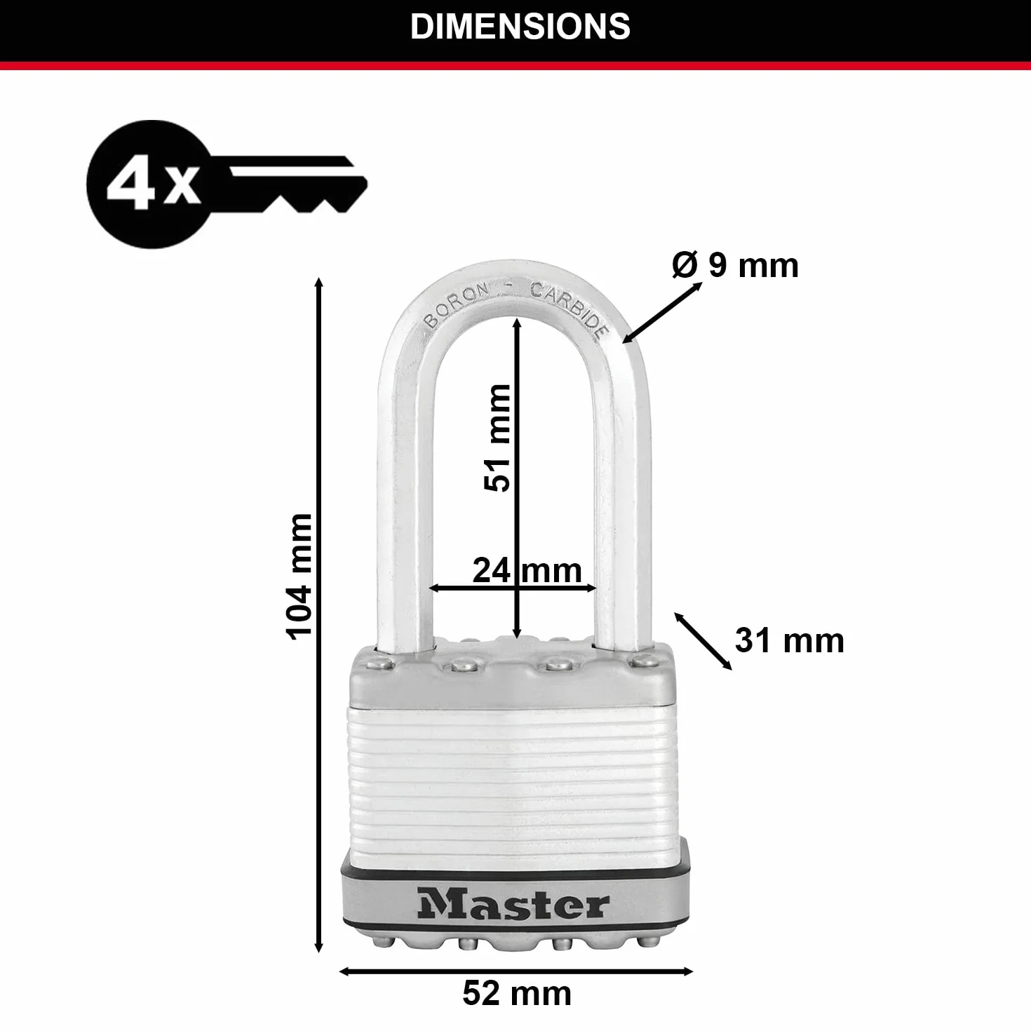 MASTER LOCK Lucchetto ad Alta Sicurezza [Chiave] [Acciaio Laminato] [Esterno] [Archetto L] M5EURDLH - Ideale per Portali, Garage, Lunghezza Archetto,Sconto
