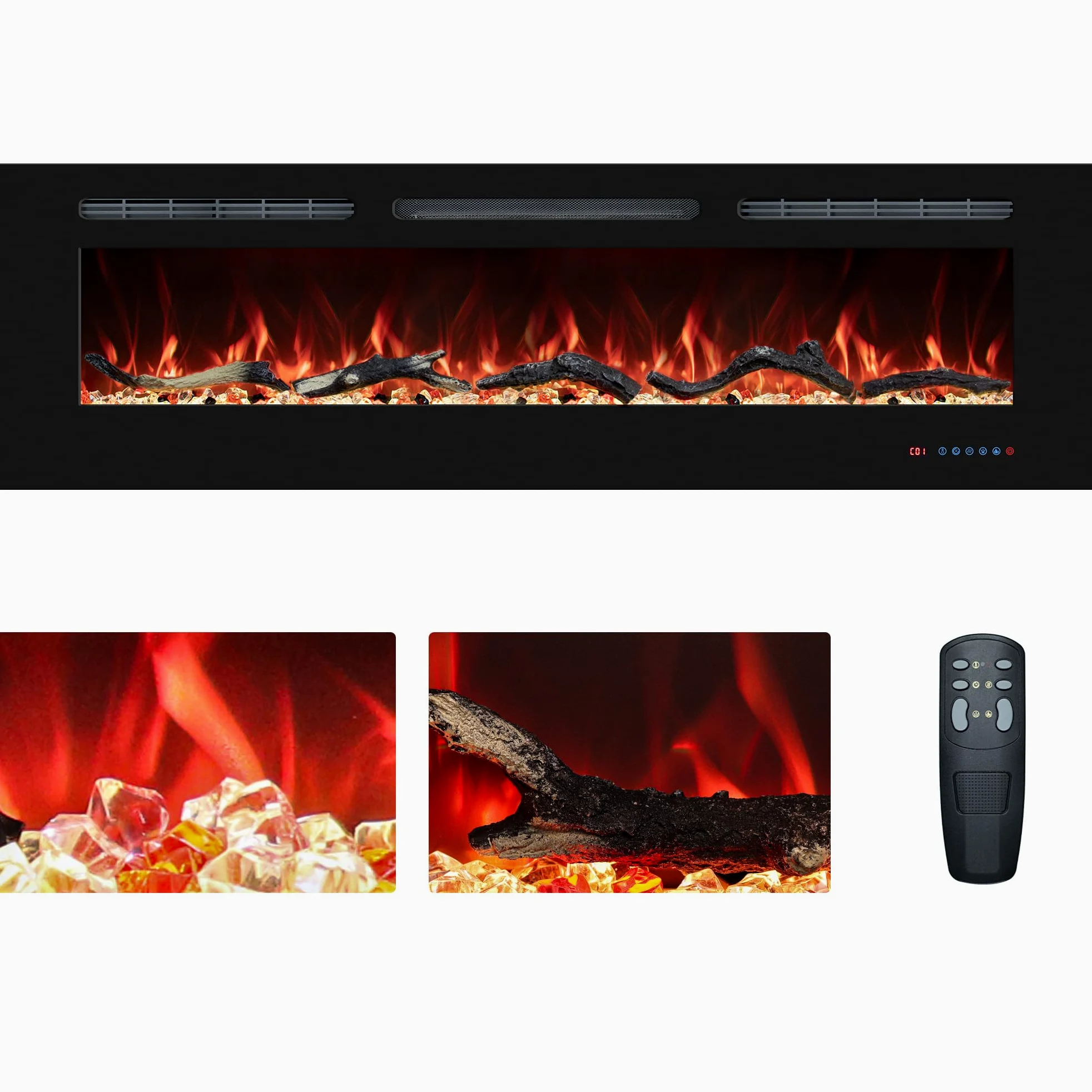 Inserti per camino elettrico da 152 cm, riscaldatore da incasso e a parete, camino/termostato lineare, telecomando e touch screen, fiamma multicolore, timer, ceppo e cristallo, 750W/1500W