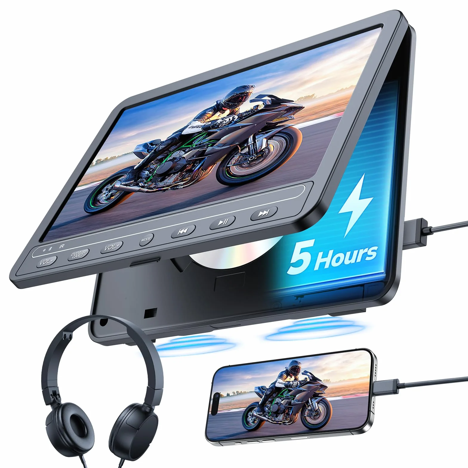 GOnavidio 10,1" Lettore DVD Portatile per Auto con Ingresso HDMI, Batteria Ricaricabile Incorporata, Lettori DVD per Auto Supportano Scheda USB/TF, Ultima Memoria, riproduci Film Uguali/Diversi
