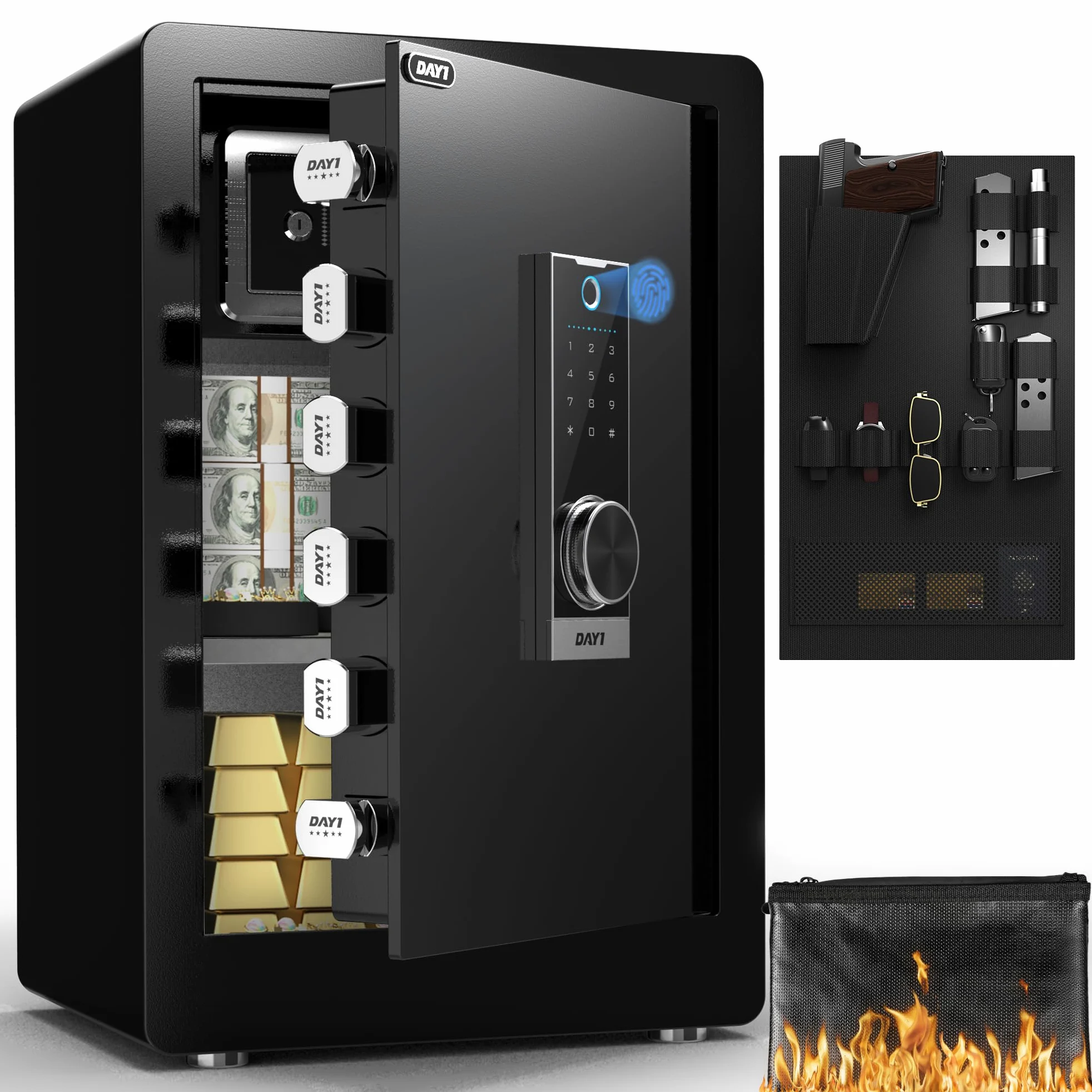 DAYI Cassaforte biometrica per impronte digitali, 3,0 Cu. Ft. Cassaforte domestica con borsa ignifuga, touchpad digitale, cassaforte di sicurezza per denaro, contanti, documenti, doppio sistema di