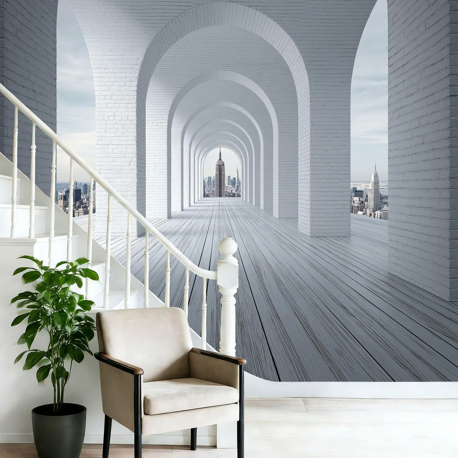 Carta da parati fotografica 3D, moderna e industriale, con tunnel e arco di mattoni, grattacieli, decorazione da parete, 300 x 210 cm, in tessuto non tessuto, misura XL, per soggiorno, camera da letto