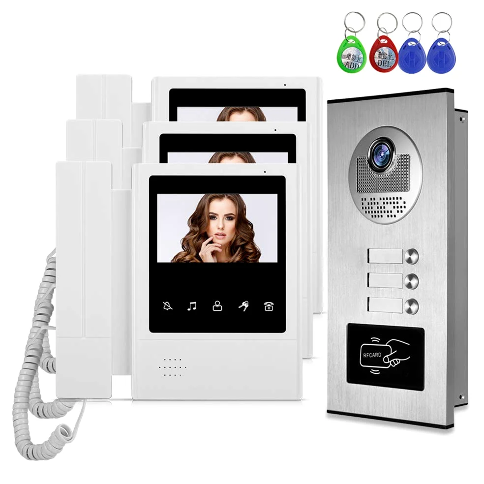 Kit videocitofonico 4.3 "a colori Videocitofono con telecamera di accesso RFID + 3 monitor da interno per 3 appartamenti/casa