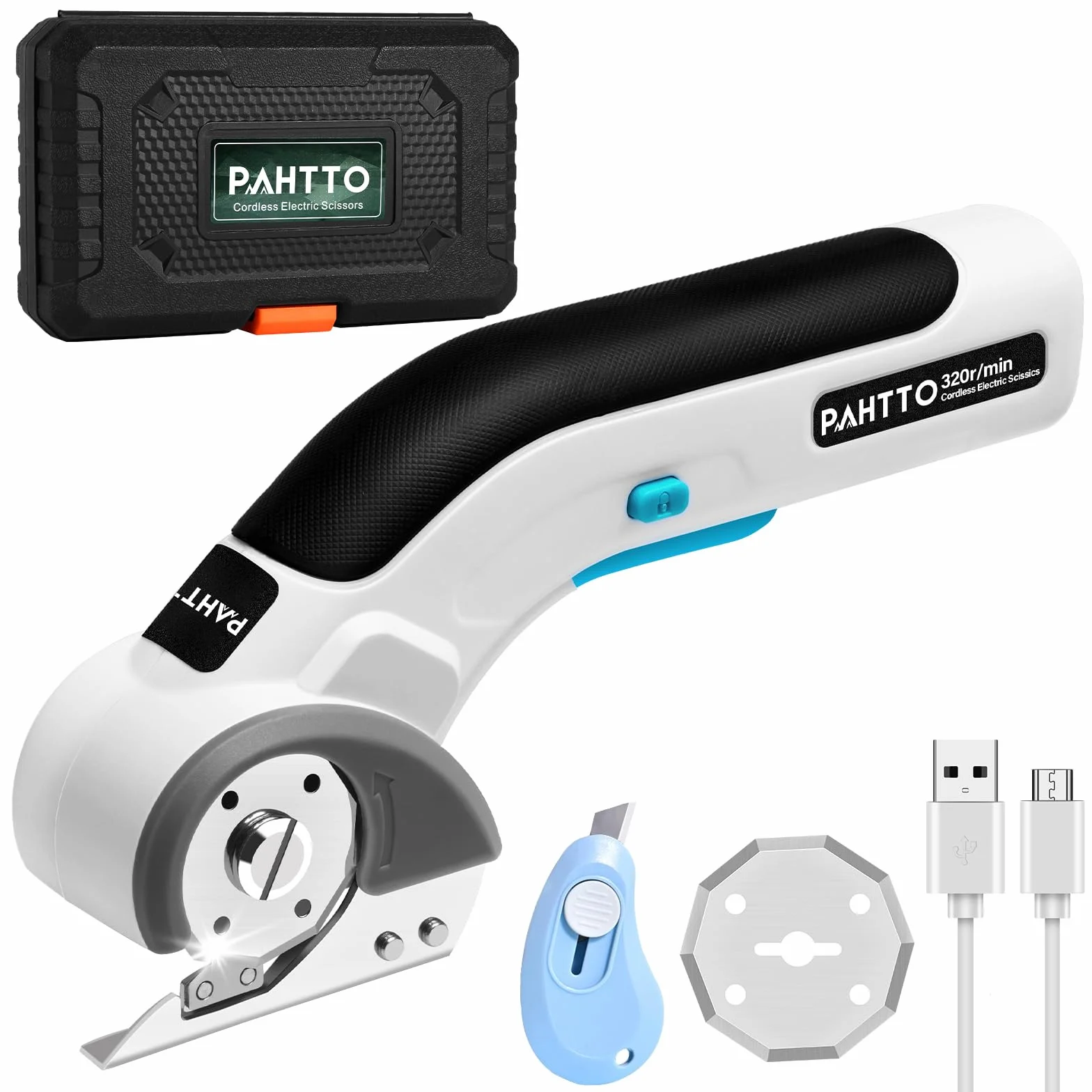 PAHTTO Forbici elettriche senza fili Taglierina rotante 4V 320 giri/min con 2 lame autoaffilanti per cartone, pelle, tessuto
