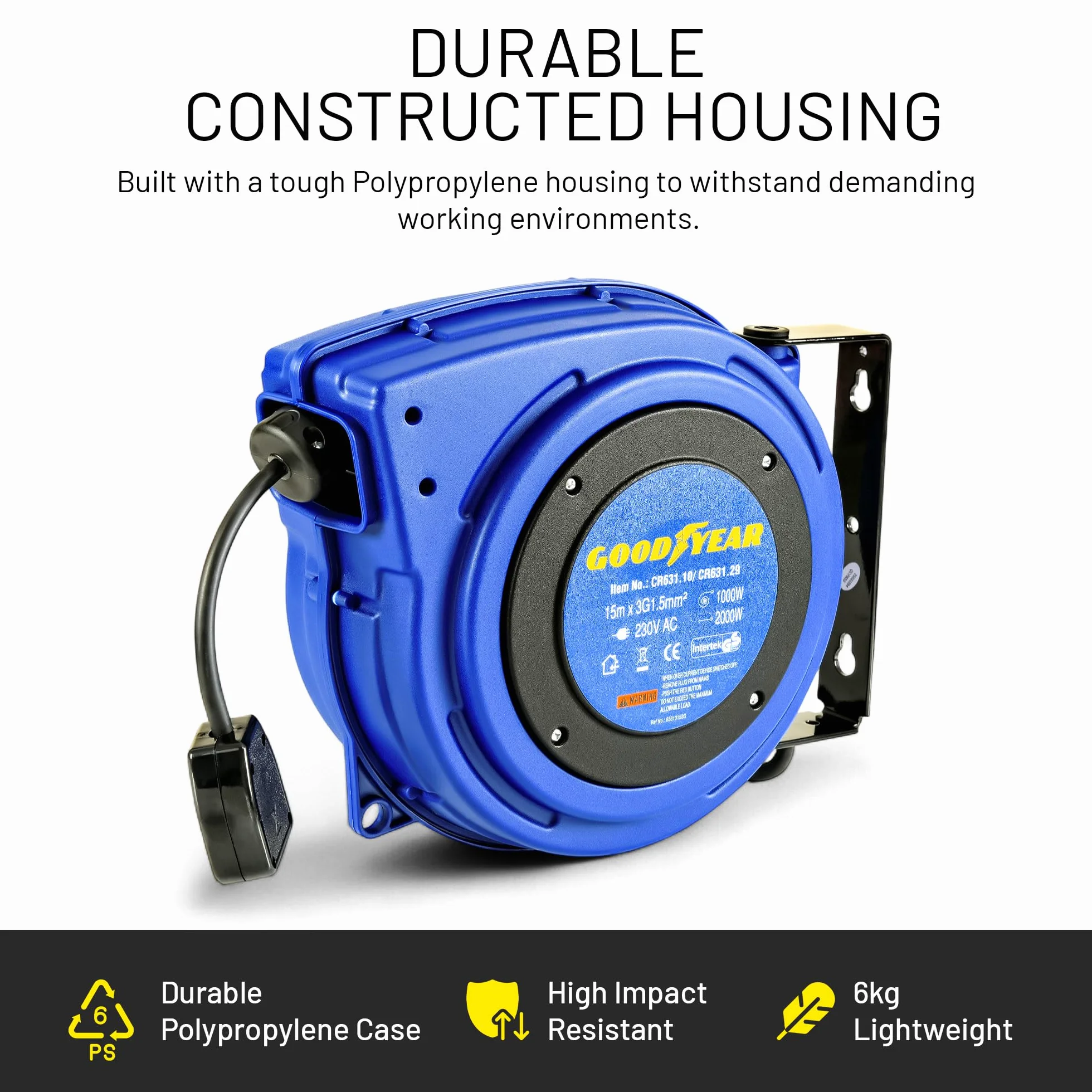 Goodyear Cavo di prolunga retrattile 15 m x 3G 1,5 mm2 H07RN-F spina UK 1000W/2000W retrattile automaticamente montaggio a parete fai da te professionale