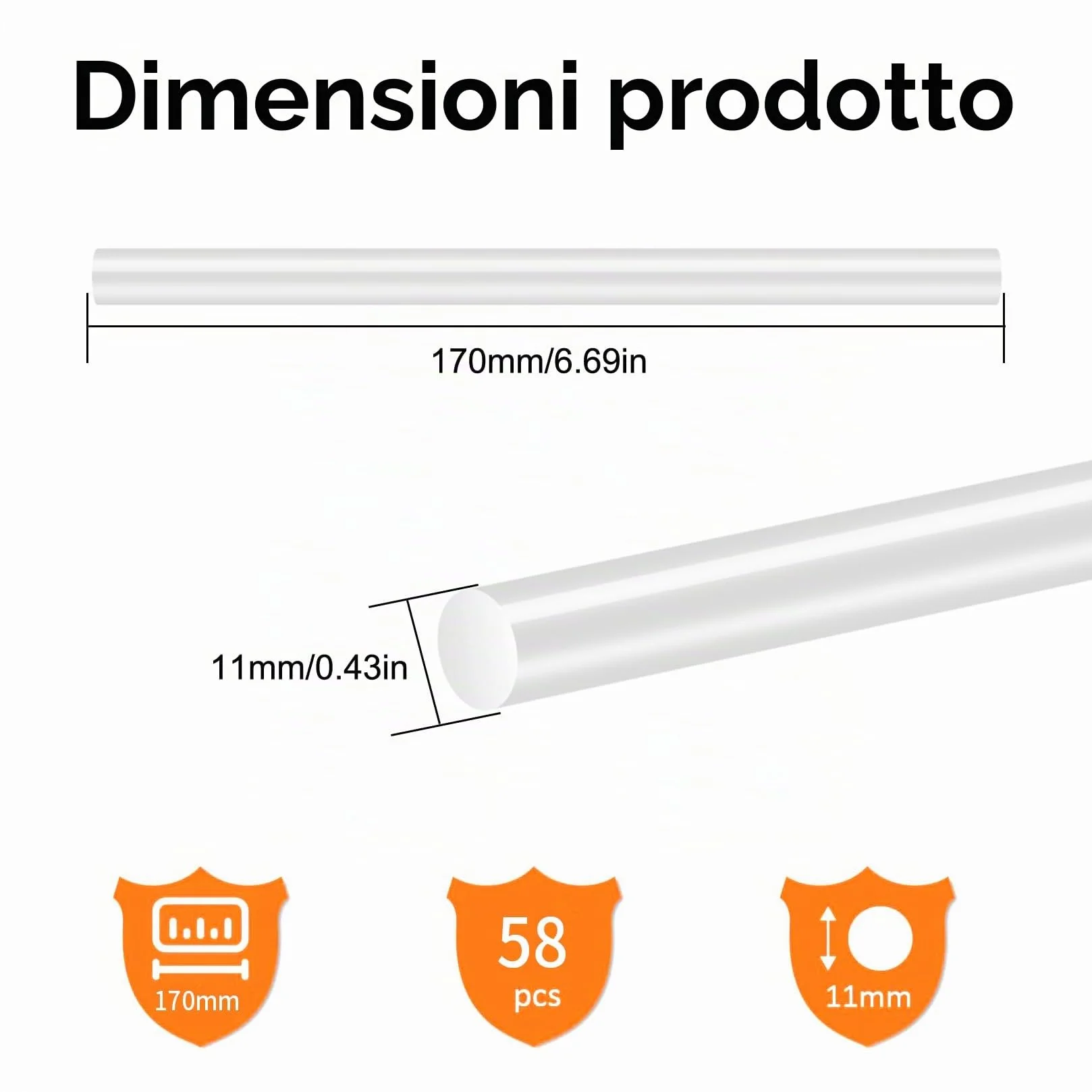 Stick a Caldo Ø 11 mm x 170 mm Ricariche Trasparente per Pistola Colla a Caldo, 58 Pz