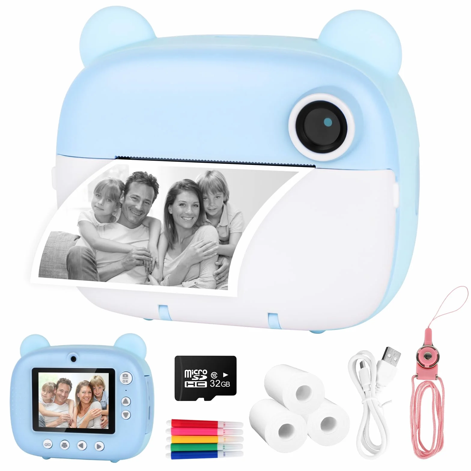 Fotocamera per bambini, 1080 p, fotocamera istantanea per bambini, con carta da 32 gb e carta fotografica, 3 – 12 anni, regalo di Natale per ragazze ragazzi (blu)