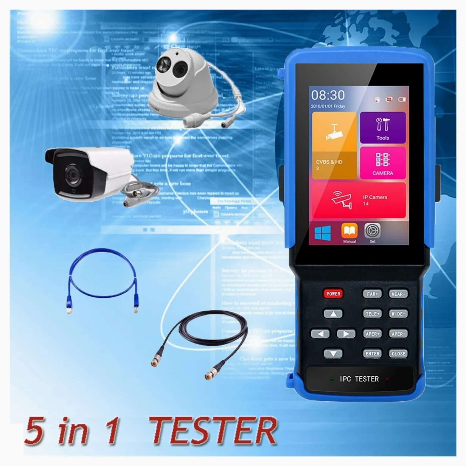 CCTV Tester Monitor, IPC9310 Tester for telecamera IP da 4 pollici Monitor Buit In Support 8MP CVI TVI 5MP AHD CVBS CCTV Strumento di test for cavi UTP portatile(Tester only)