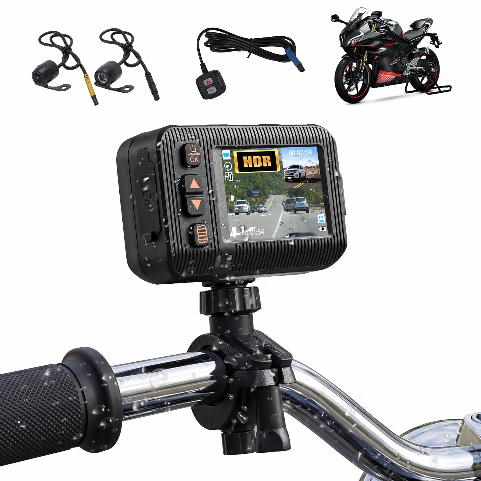 CAMECHO 1080P HDR Dashcam per Moto con Telecamera Anteriore + Posteriore, Sensore G Dash Cam Moto con Registrazione in Ciclo, IP67, Schermo IPS HD da 2 Pollici, Supporto Universale per Moto