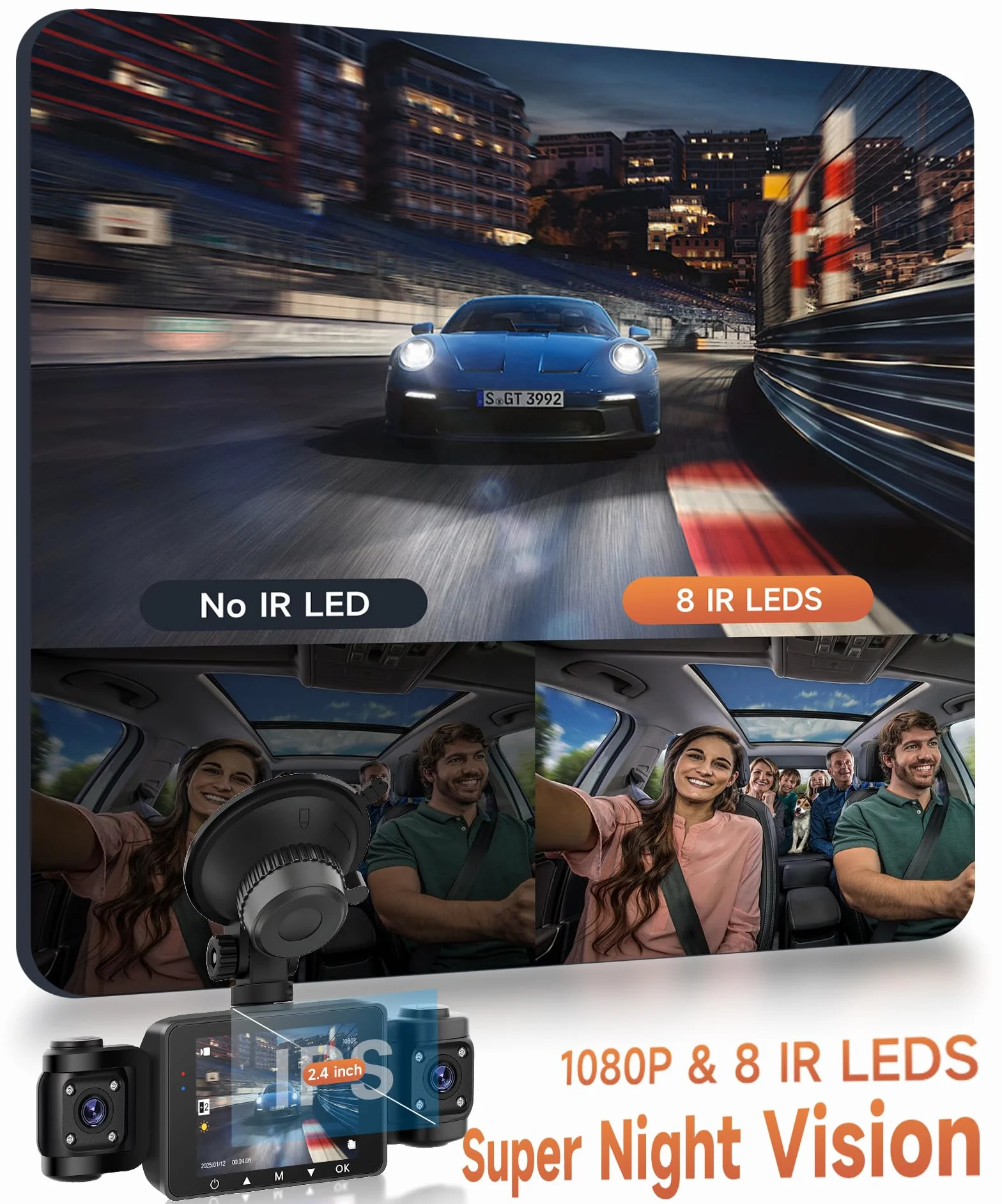 Rimoody 360° 4 Canali Dashcam Auto, 4 Telecamera HD 1080P Anteriore e Posteriore Sinistra Destra, 2.4 Pollici Schermo IPS Dash Cam con Visione Notturna IR/Loop video/24H Parcheggio Monitor/G-Sensore
