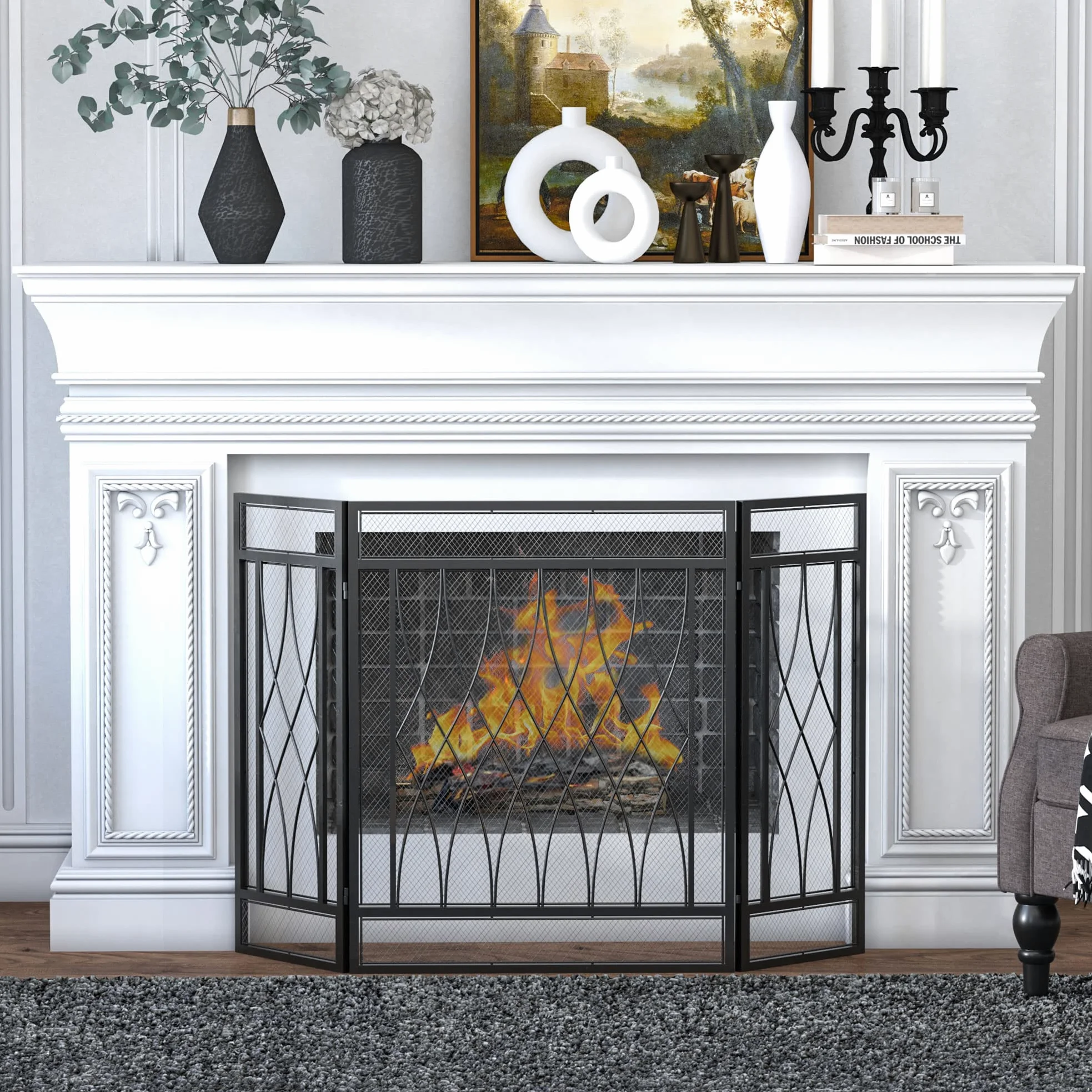 HOMCOM Parafuoco pieghevole a 3 pannelli con cerniere e struttura decorativa in metallo 126x3x80 cm Nero