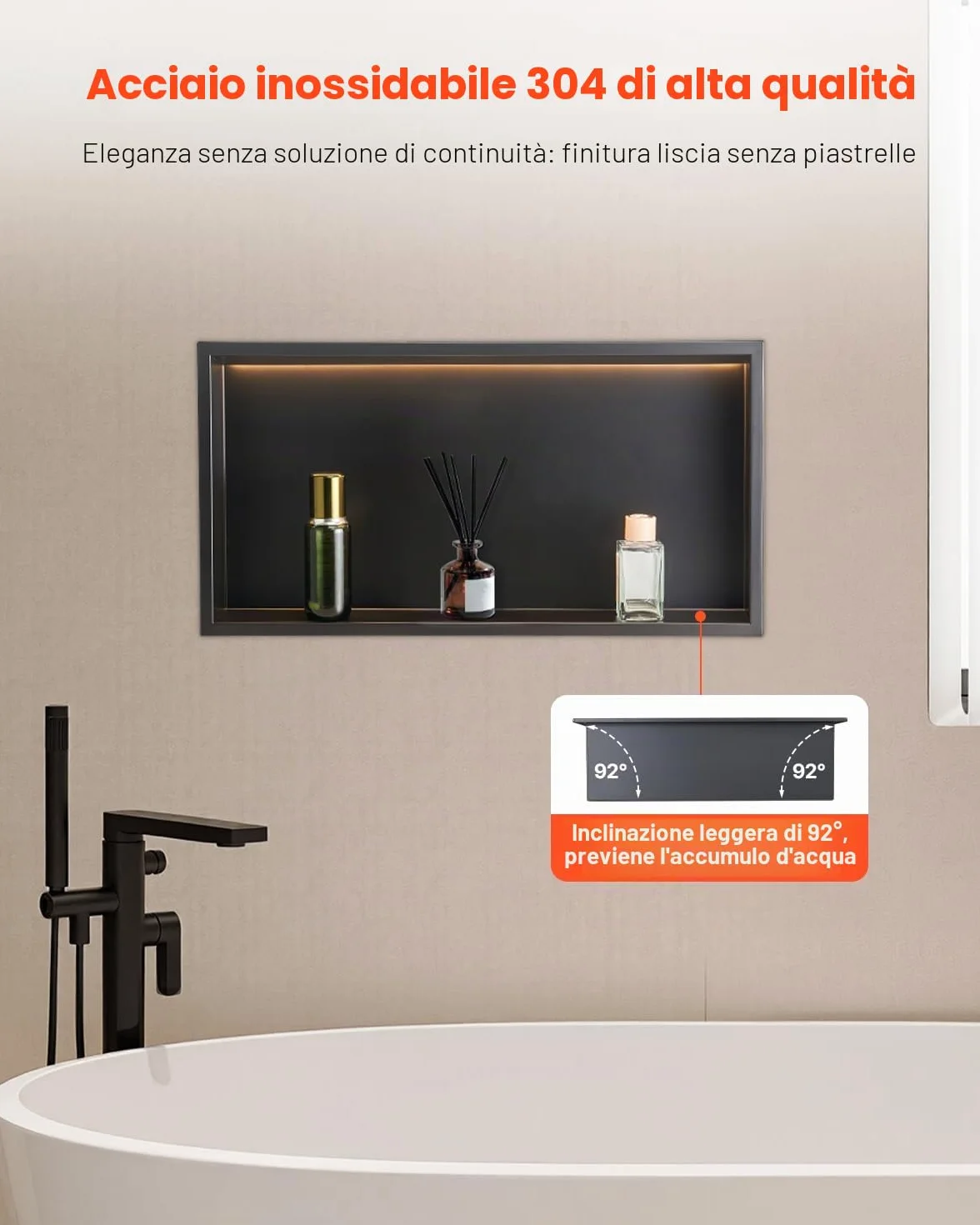 VEVOR Nicchia per Doccia 33x63.5x10.2 cm Acciaio Inossidabile da Incasso LED Striscia Porta Sapone Shampoo Impermeabile Nero