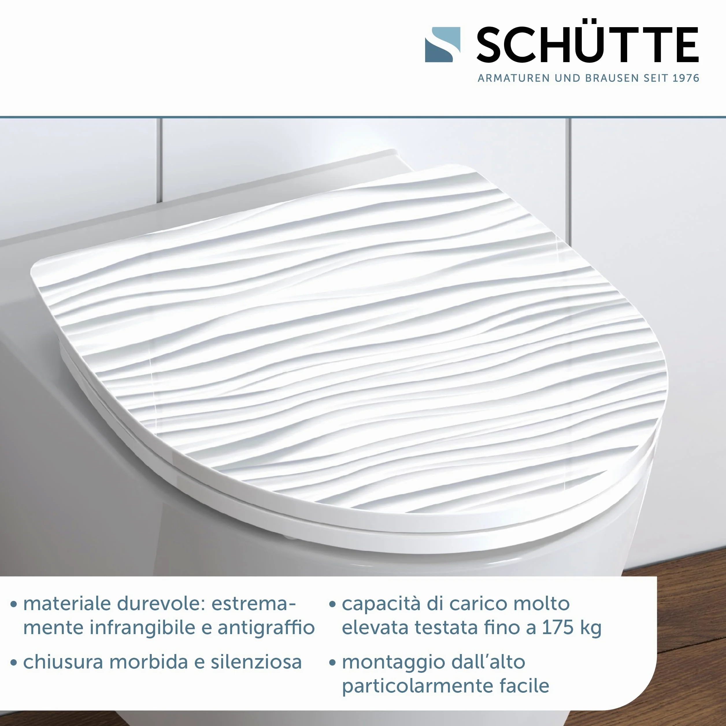 SCHÜTTE 82584 - Sedile WC in Duroplast High Gloss, bianco, con abbassamento automatico e chiusura rapida, motivo