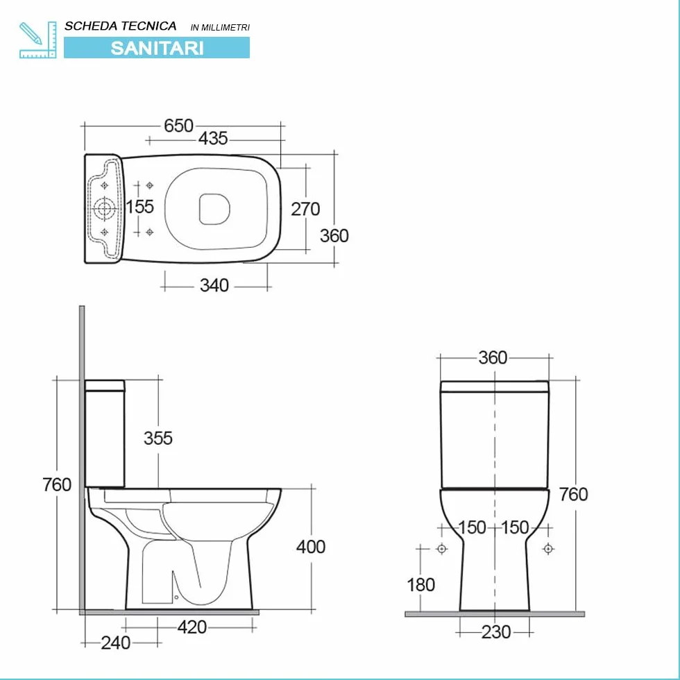 Coppia di sanitari monoblocco con scarico a pavimento e cassetta in ceramica, bidet FILOMURO e copriwc originale, ORIGIN
