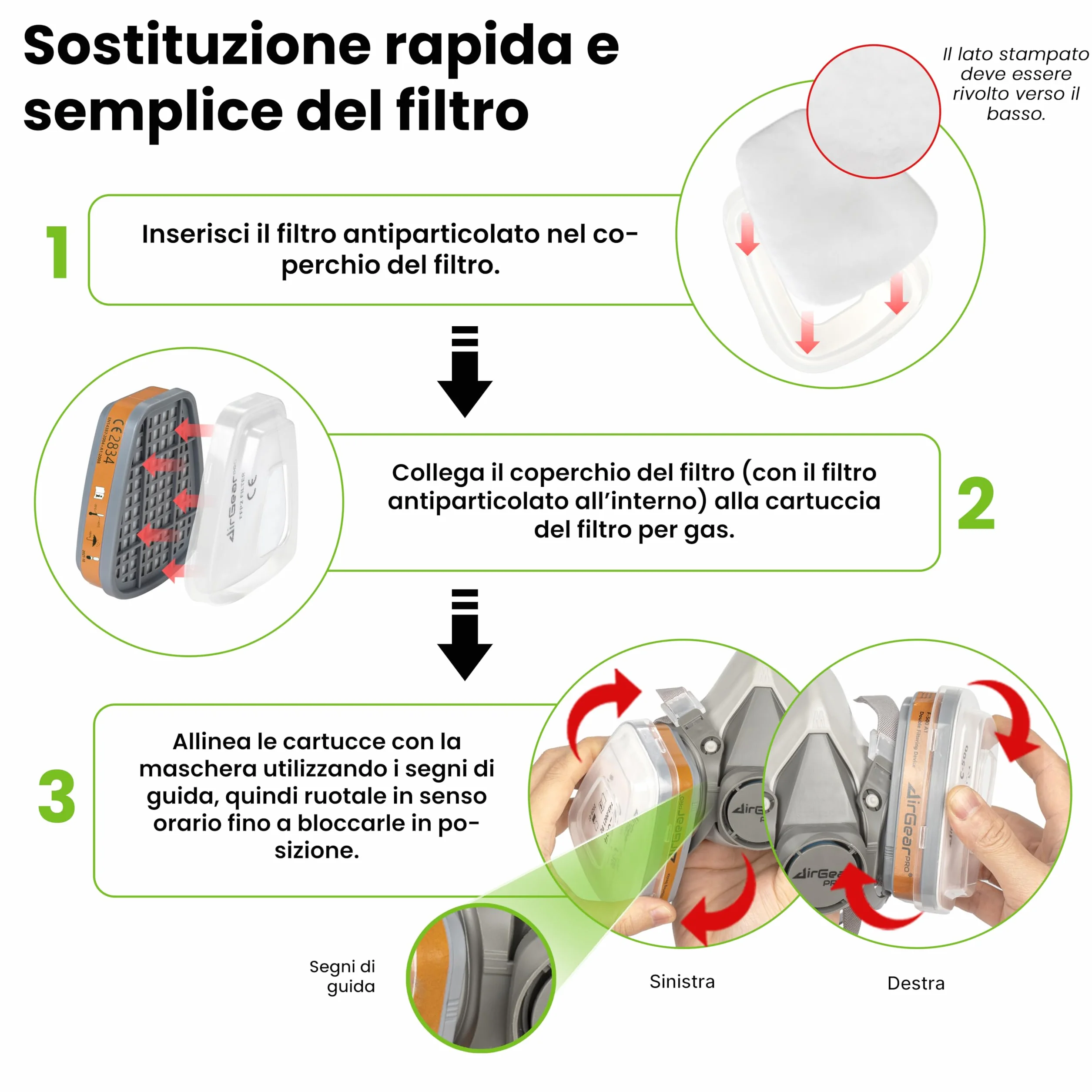 AirGearPro G-500 Maschera di protezione respiratoria riutilizzabile con filtri e occhiali di protezione