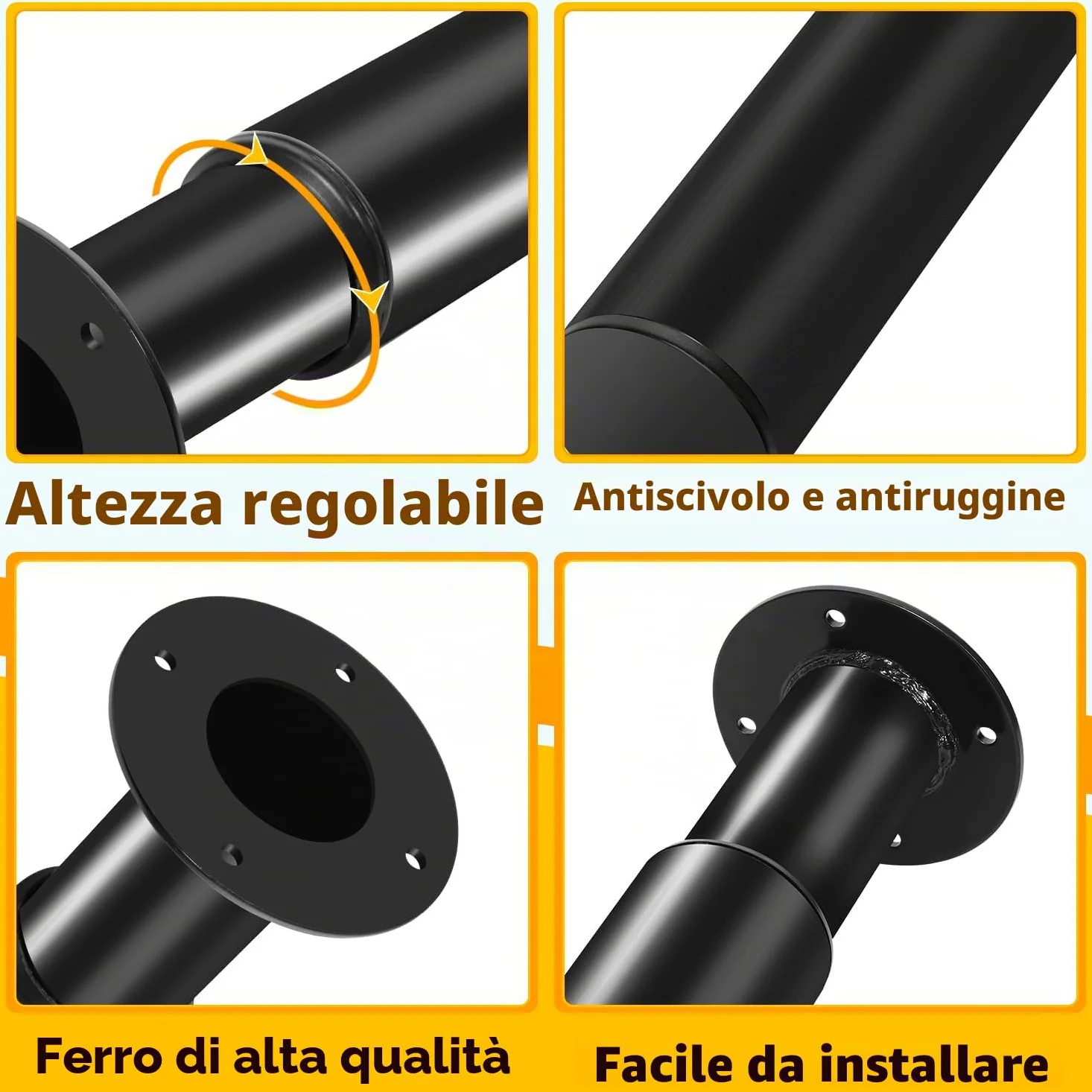 Confezione da 4 piedini per mobili, gambe regolabili da 70 a 110 cm, Fino a 200 kg per mobili, gambe da tavolo in acciaio, Caricabile divano-letto, comodino, armadietto (nero)