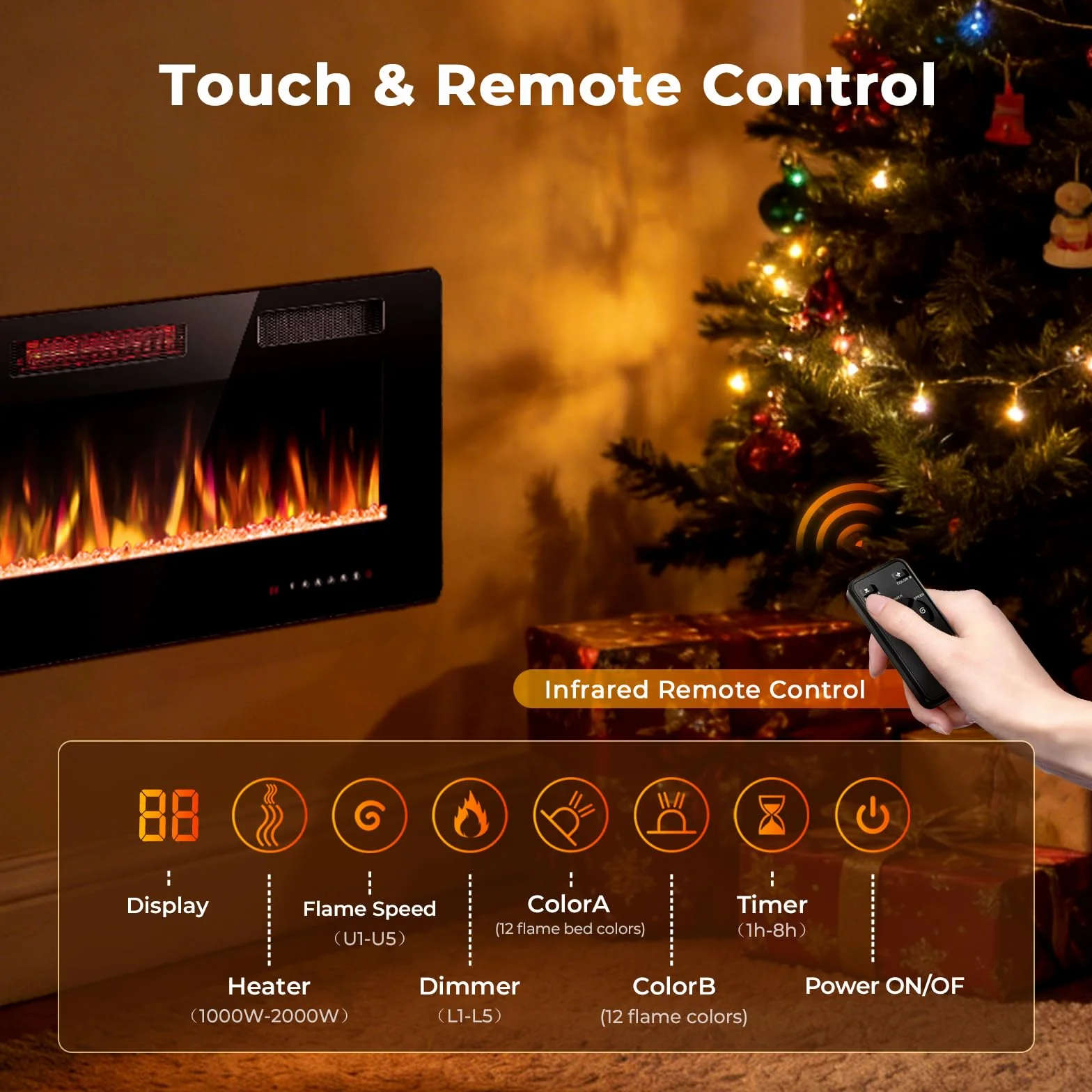 R.W.FLAME Camino Elettrico da Incasso 50 Pollici 127 cm 750/1500W Fiamma Realistica Regolabile Telecomando Riscaldamento Ultra Piatto Lineare
