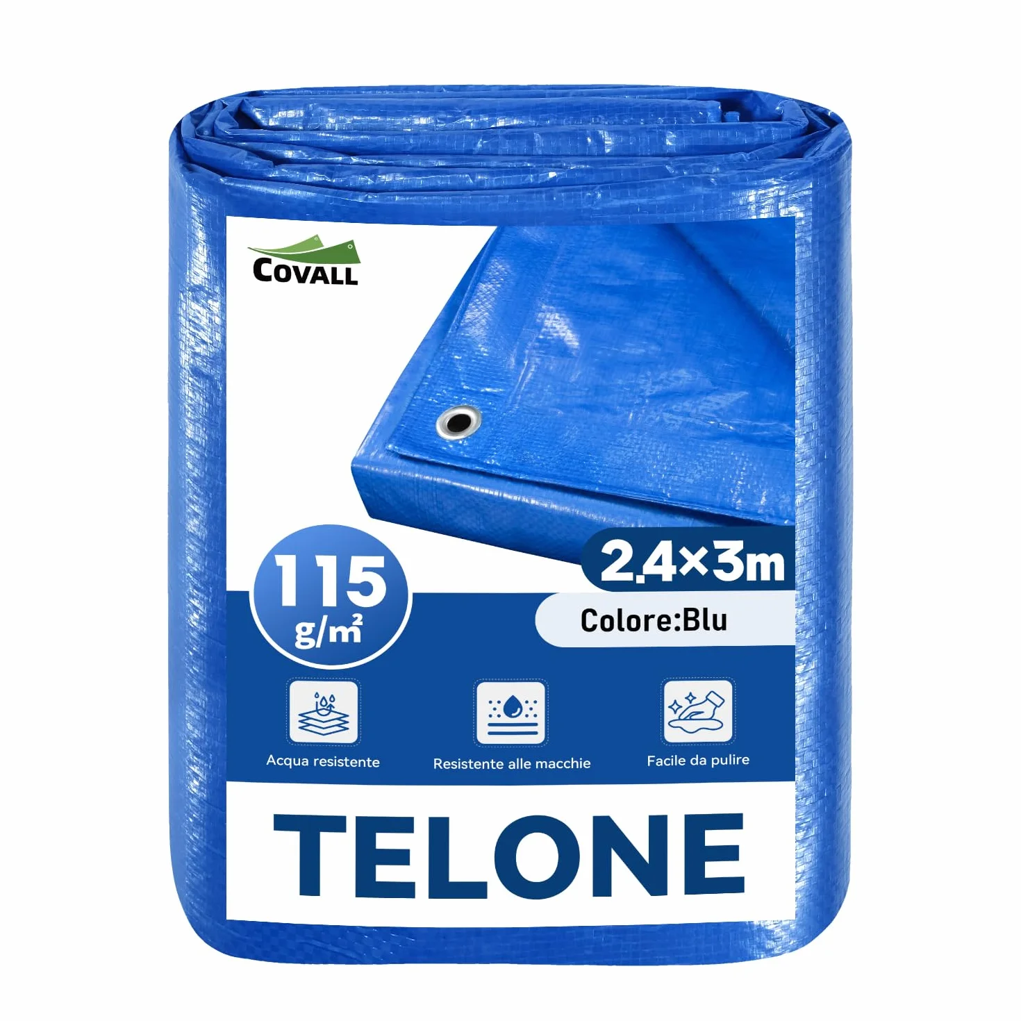 Telone Blu 2.4x3 m 115 g/m², Impermeabile Antistrappo per Carichi Pesanti, con Occhielli, per Campeggio, Giardino, Copertura Tetto e Magazzino