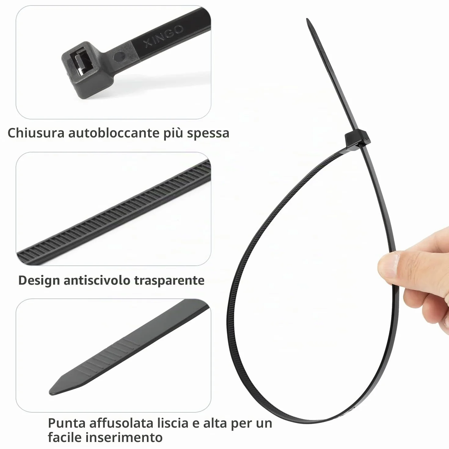 XINGO 100 Pezzi LungheFascette Plastica per Cablaggio Nero, 600mm x 9mm, Resistenza Alla Trazione 80 kg, Fascette per cavi grandi Fascette in nylon
