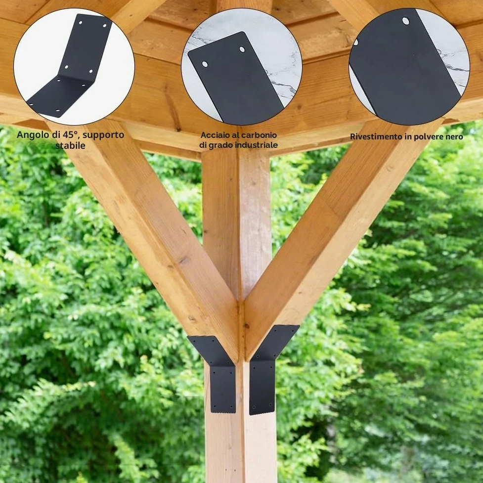 SUPERFINDINGS 6 staffe angolari a filo interno a 45 gradi, 23,6 x 7,6 cm, in ferro, 8 fori, con 48 viti, ginocchiere ad angolo nero per il fissaggio di mobili in legno per pergola