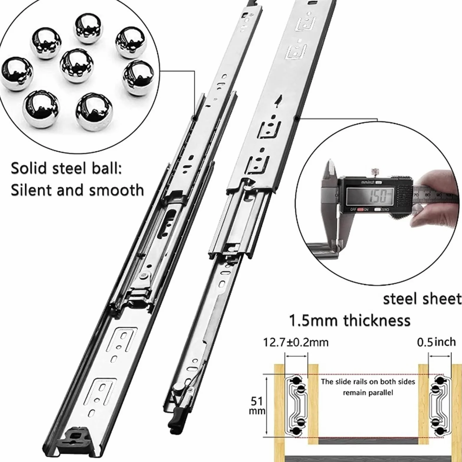 guide per cassetti Scorrevole for cassetti for carichi pesanti, senza serratura, ad alta capacità di carico, ferramenta for mobili, guide for armadi(12inch (30cm))