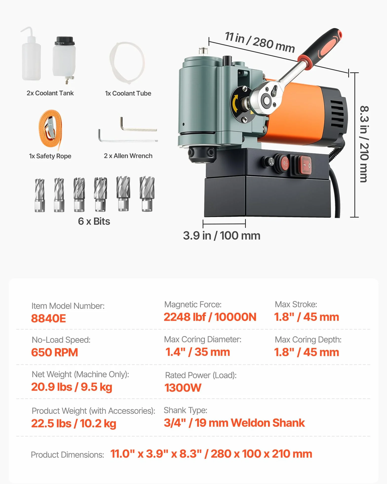 VEVOR Trapano a Colonna Magnetico a Basso Profilo 1300 W, Diametro Foratura 35 mm, Potenza 10000 N