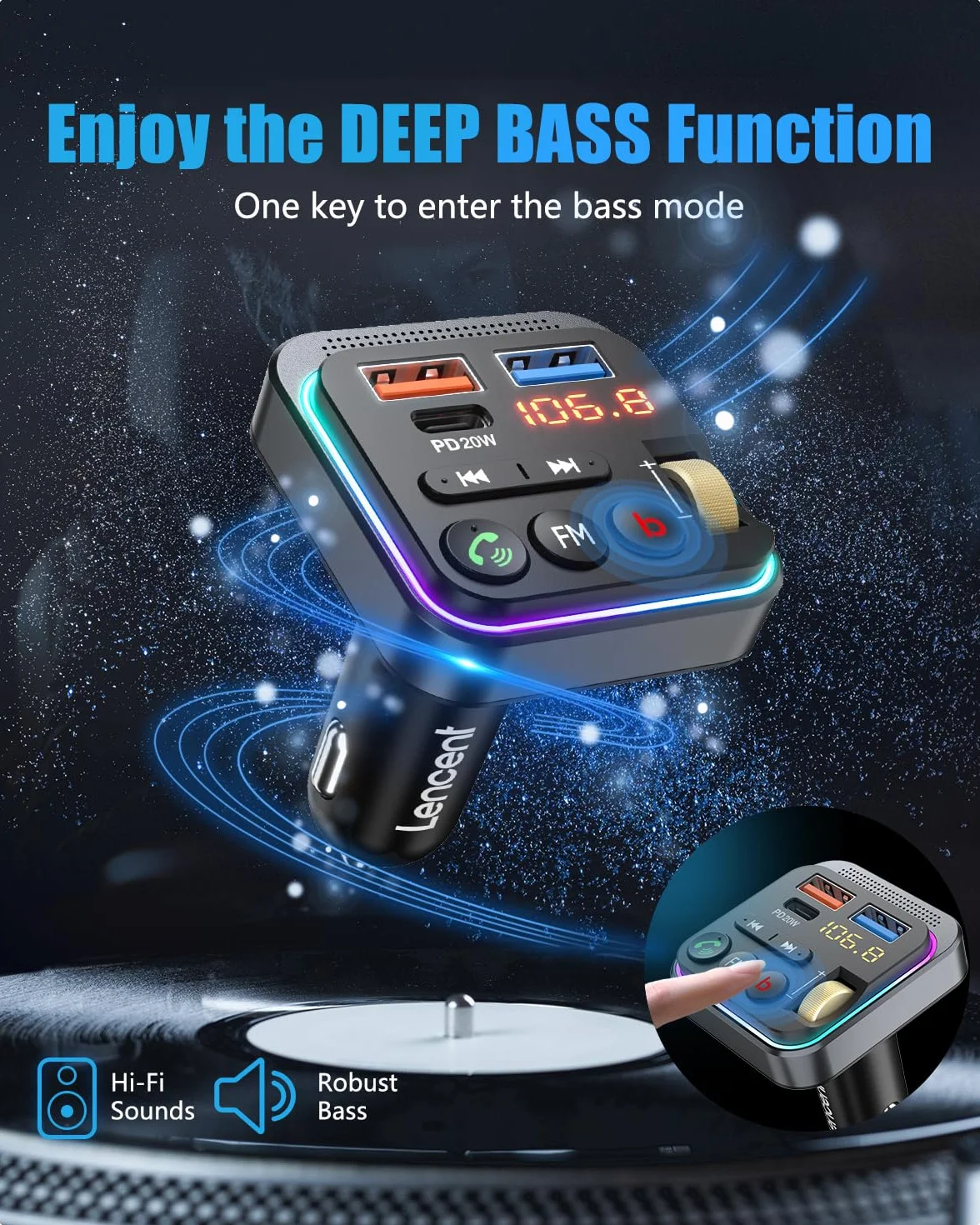 LENCENT Trasmettitore Bluetooth 5.0 per Auto, Musica Bluetooth Auto con Bassi Profondi e Suono Hi-Fi lossless, Ricarica Rapida Tipo-C PD 20W e QC3.0 18W, Supporto Disco U