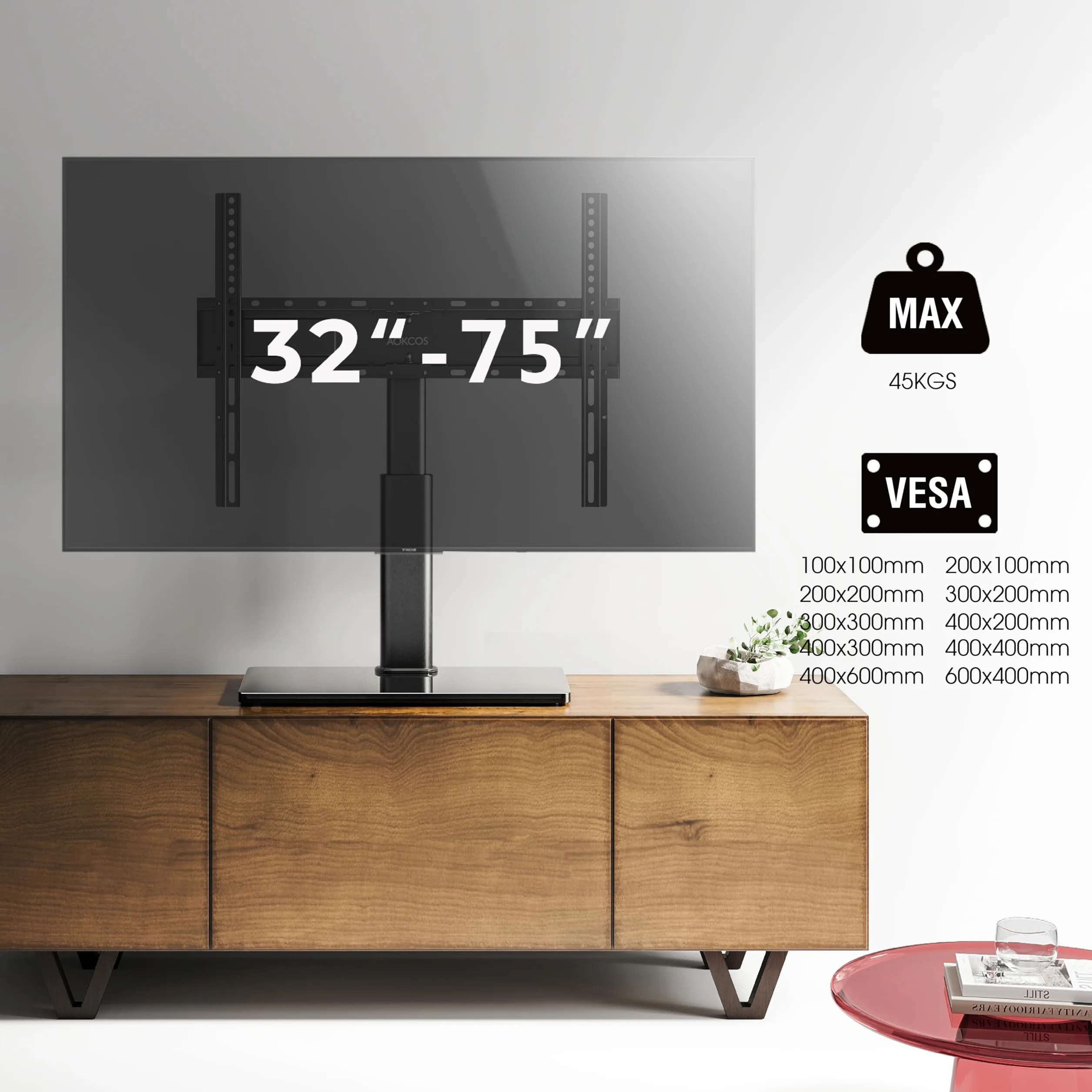 AOKCOS Supporto TV da Tavolo Inclinabile per 32-55 65 70 75 Pollici, Girevole Altezza Regolabile Piedistallo TV con Base, Mobile Porta TV Max VESA 600x400mm 45KG