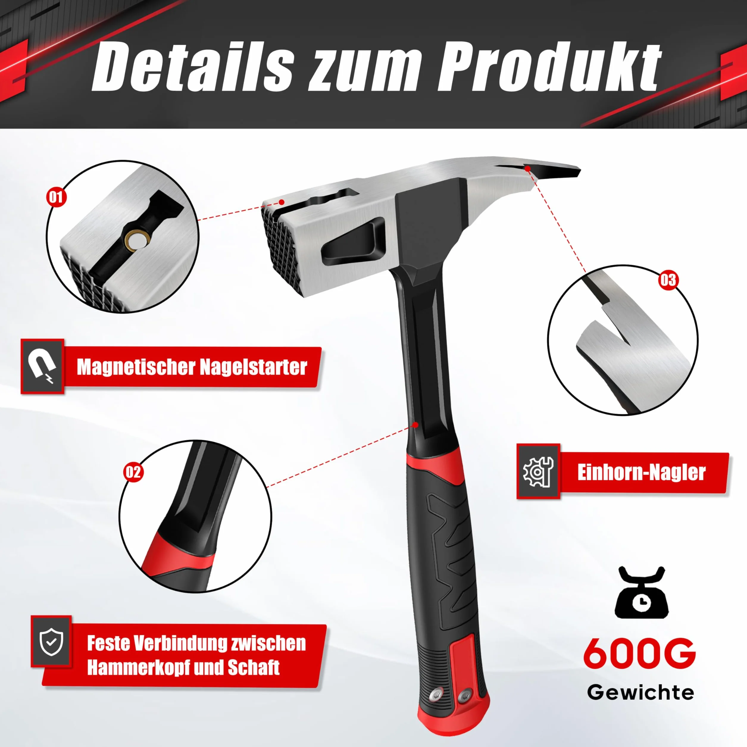 C&T Martello da carpentiere da 600 g, martello da fabbro, martello forgiato a un pezzo, struttura interamente forgiata, con supporto magnetico per unghie, eccellente ammortizzazione delle vibrazioni