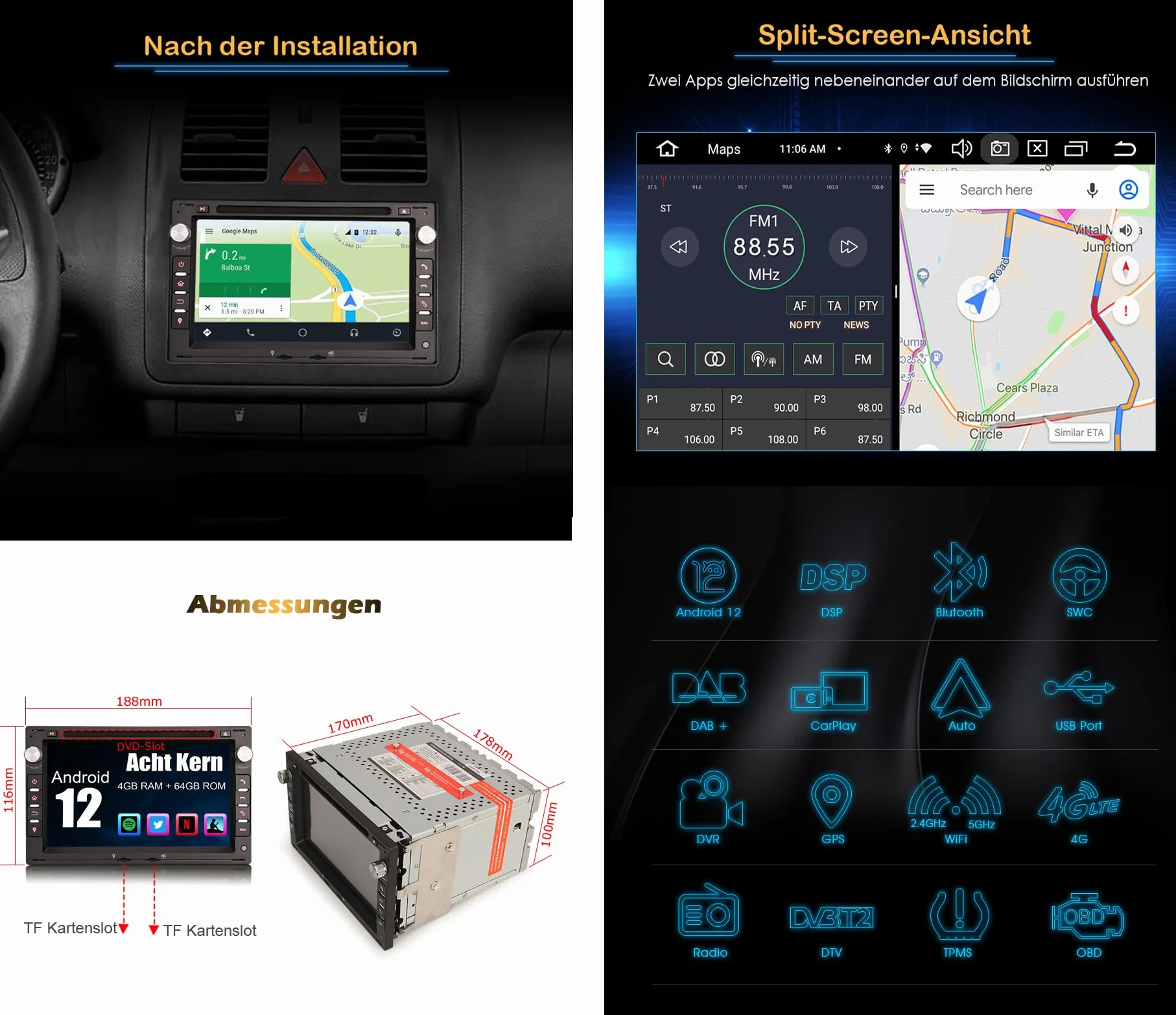 Erisin 7 pollici 8-Core 4GB+64GB Android 13 Autoradio Bluetooth GPS Navigatore per VW Passat Golf 4 Sharan Polo Lupo T5 Skoda Octavia Seat Ibiza 6L CarPlay Android Auto WiFi DSP DAB+CD USB OBD2 FM RDS