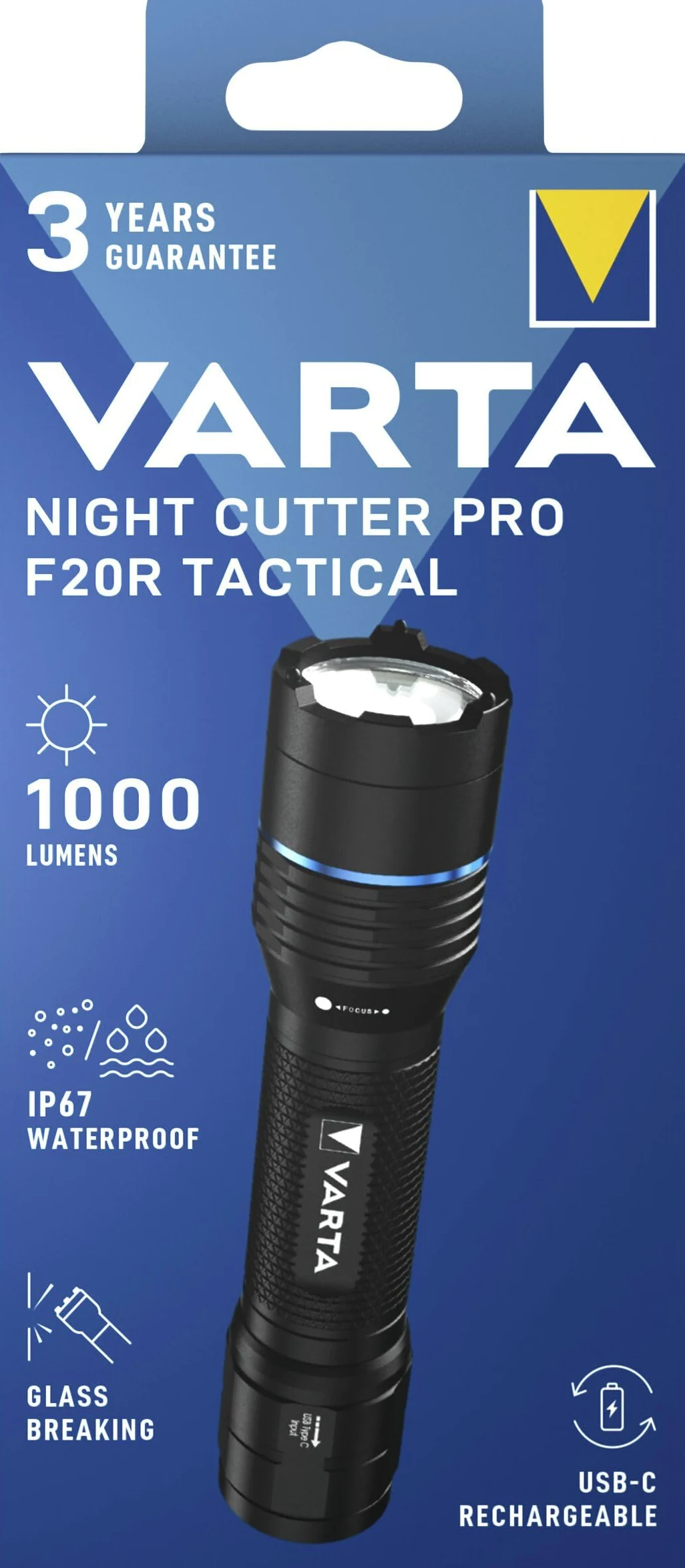 VARTA Torcia tattica LED, Night Cutter Pro F20R Tactical, 1000 lm | 5 modalità di luce, funzione rompivetro, IP67, alluminio aeronautico, USB C, fondina da cintura, ricaricabili